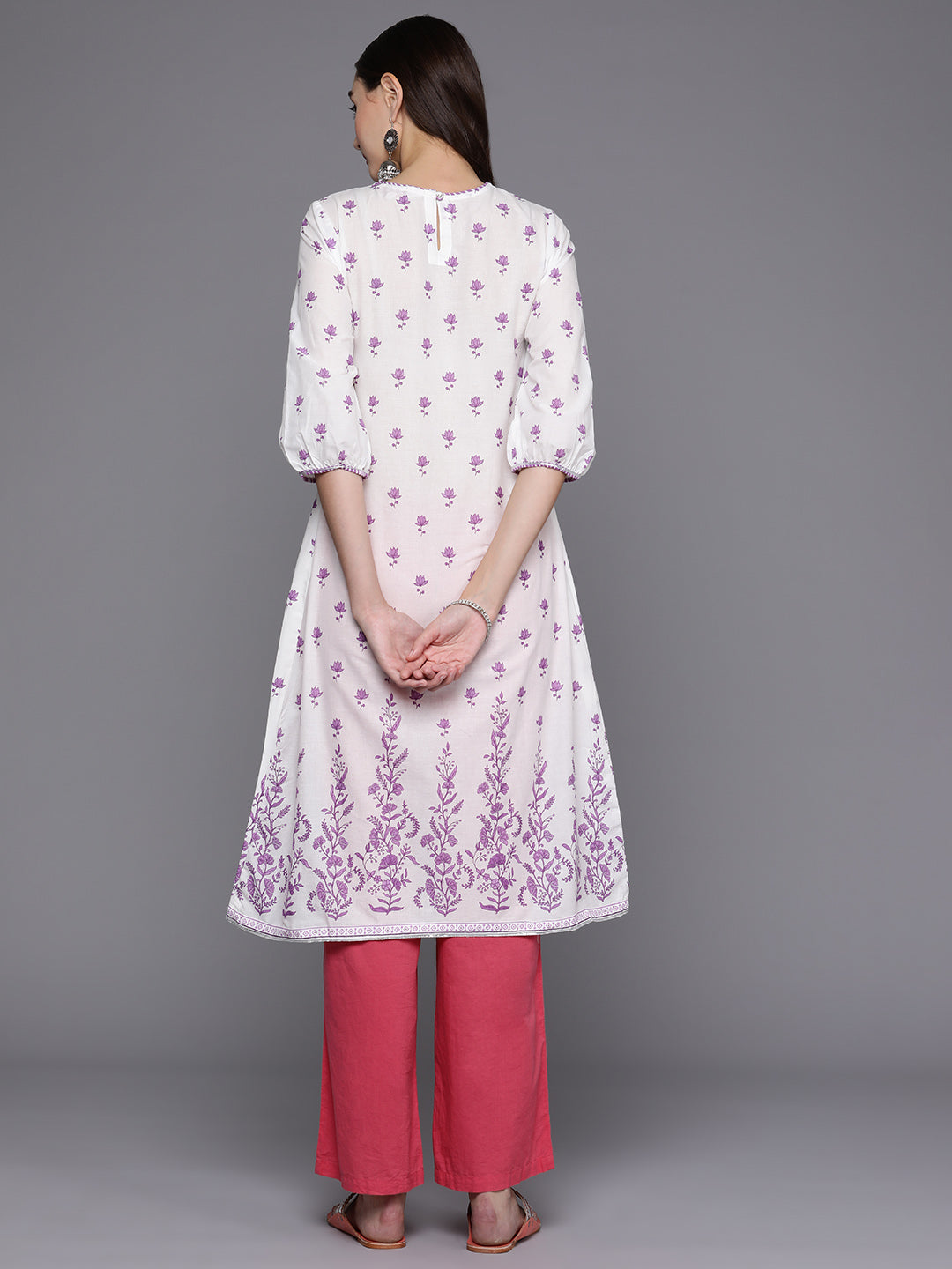 Biba Women White & Lavender Floral Printed Gotta Patti Floral Kurta - Distacart