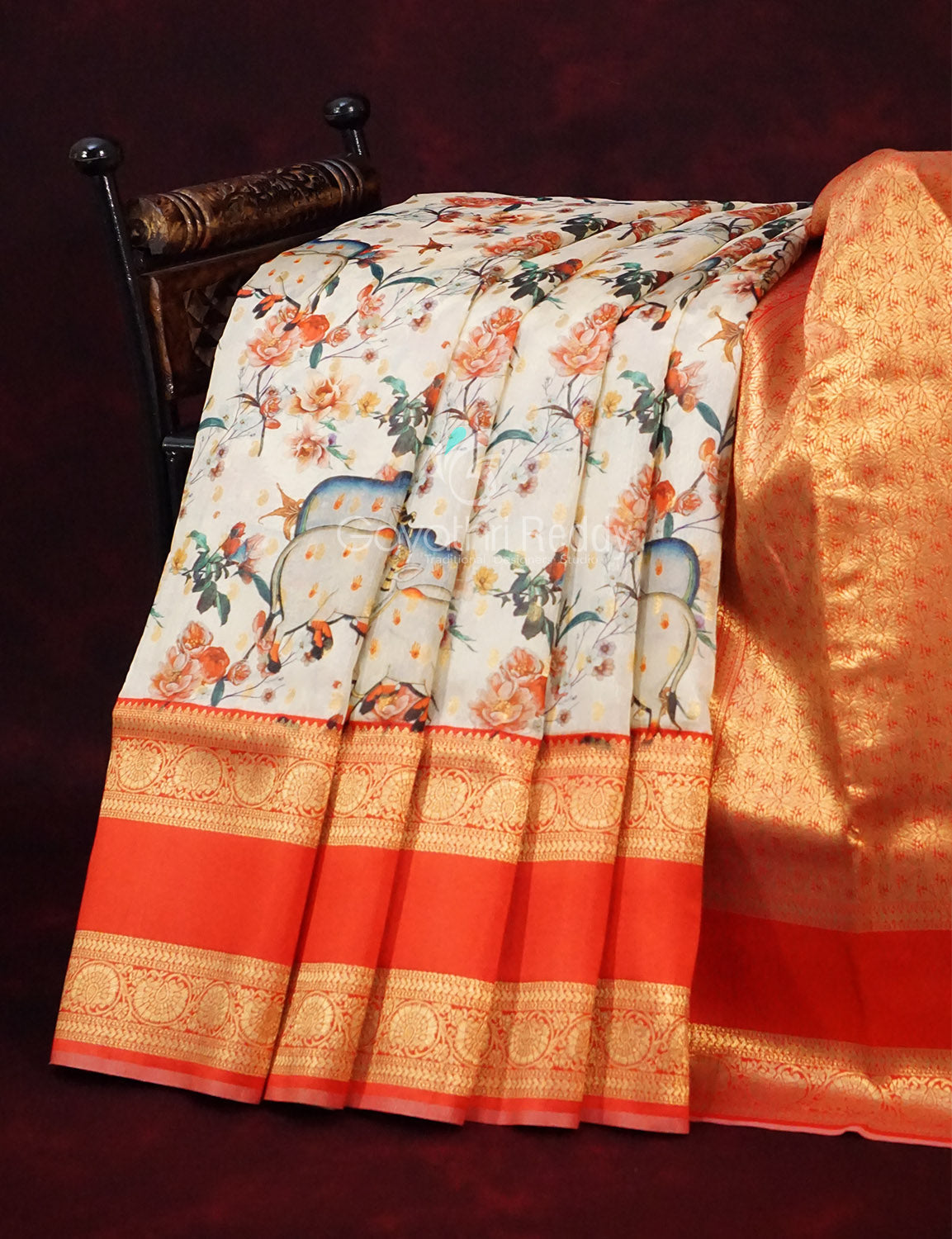 Off White Banaras Border Pichwai Design Banarasi Semi Silk Saree By Gayathri Reddy Designer Studio - Distacart