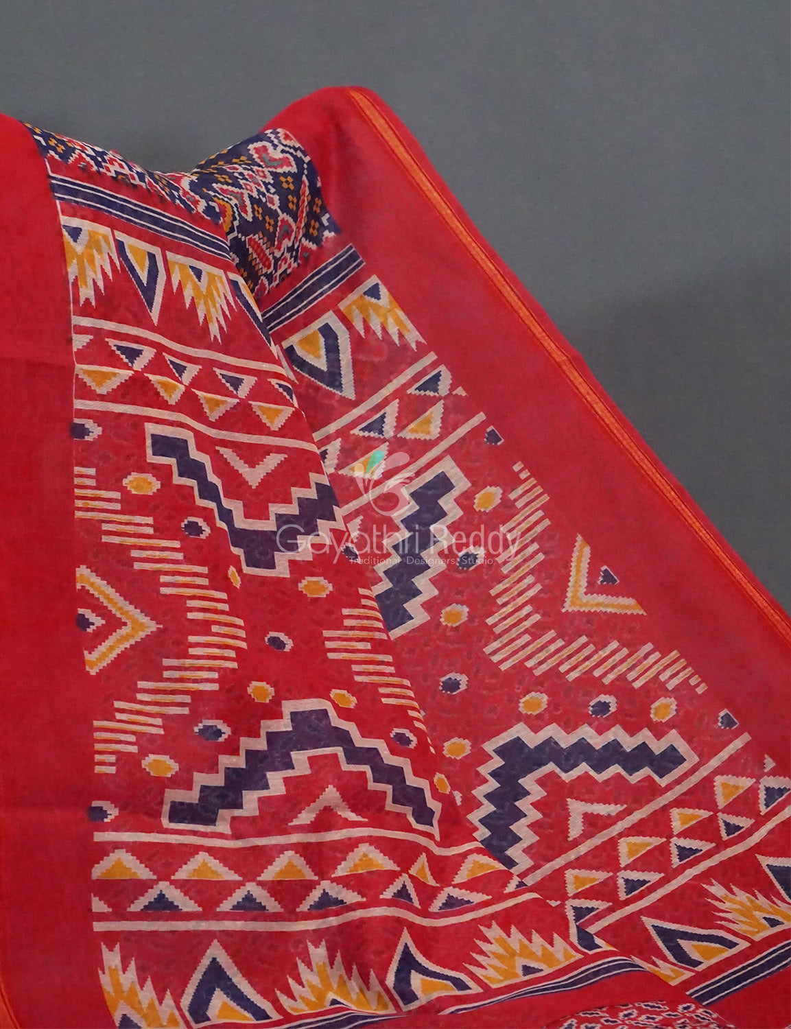 Navy Blue And Red Colour Patola Print Semi Chanderi Saree By Gayathri Reddy Designer Studio - Distacart