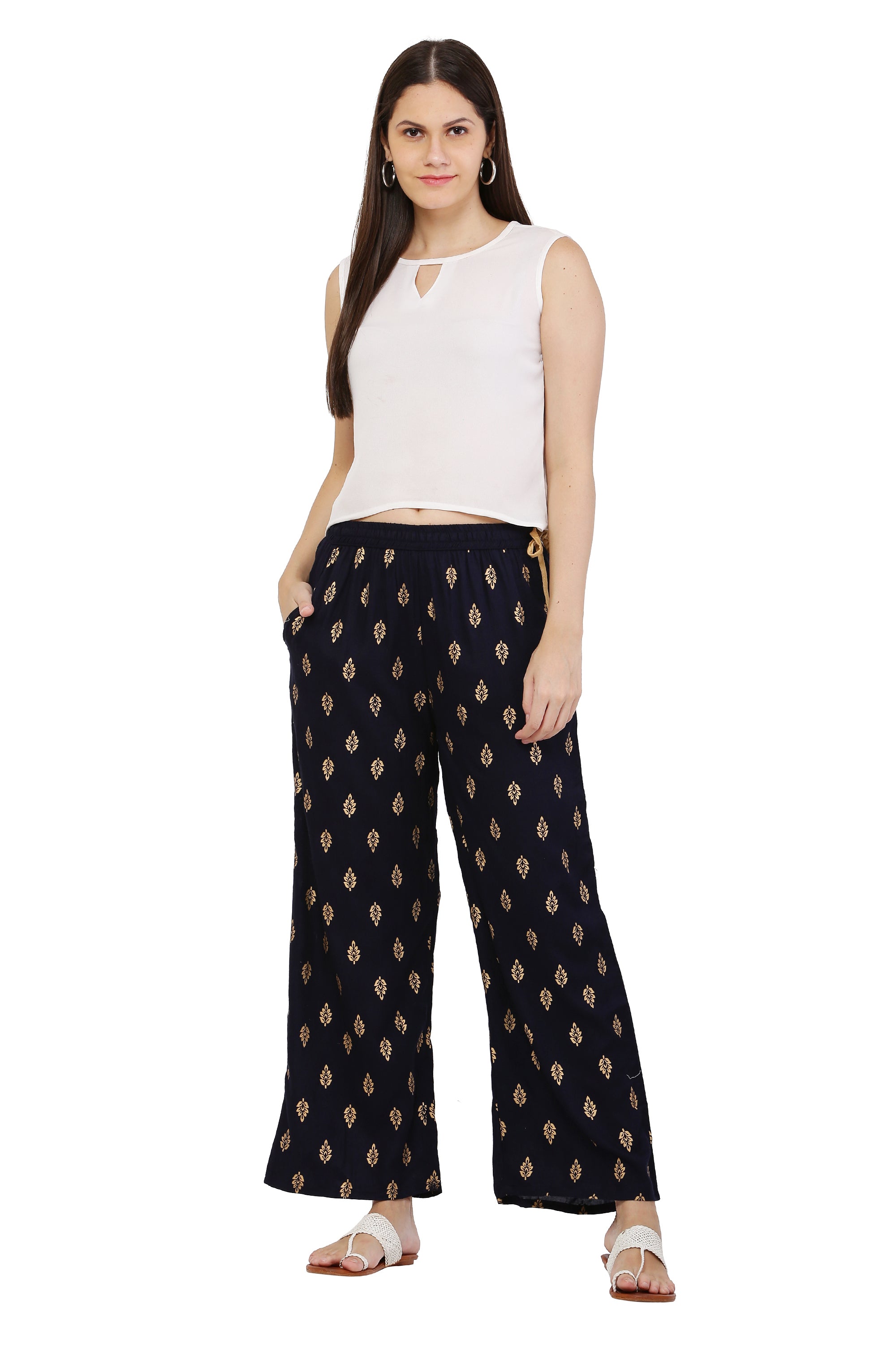 PAVONINE Black Color Full Golden Leaf Print Palazzo For Women Pant - Distacart