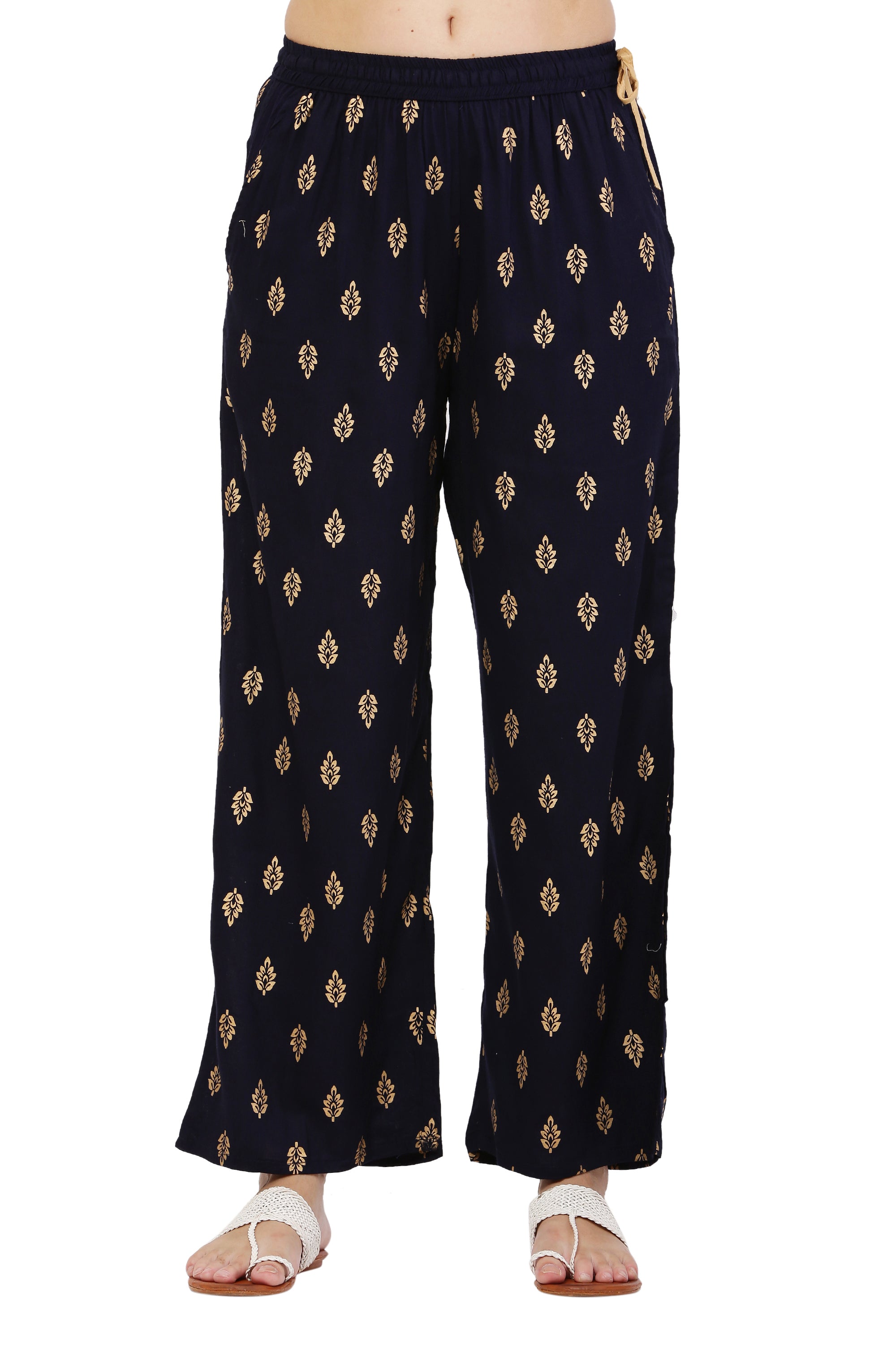 PAVONINE Black Color Full Golden Leaf Print Palazzo For Women Pant - Distacart