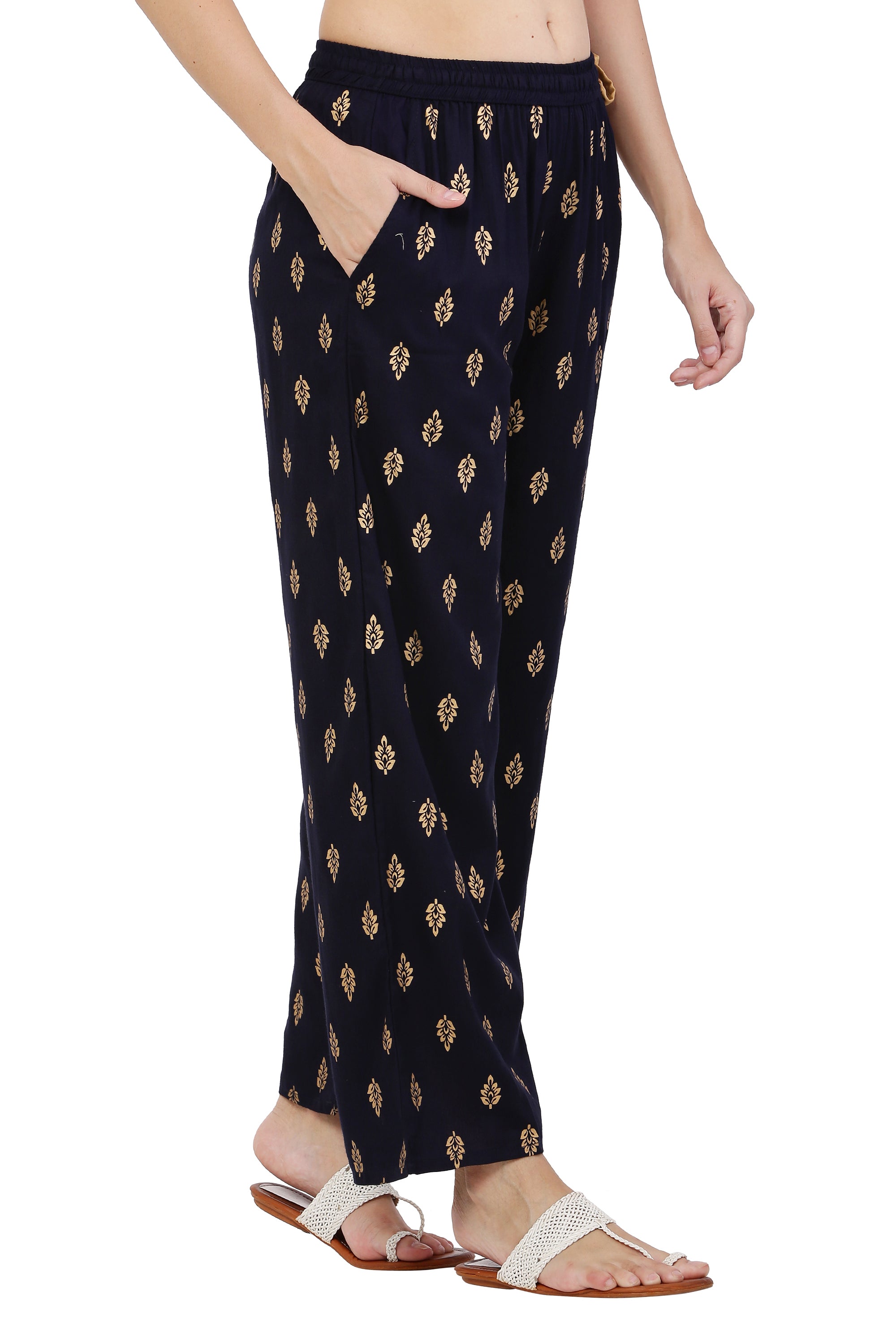 PAVONINE Black Color Full Golden Leaf Print Palazzo For Women Pant - Distacart