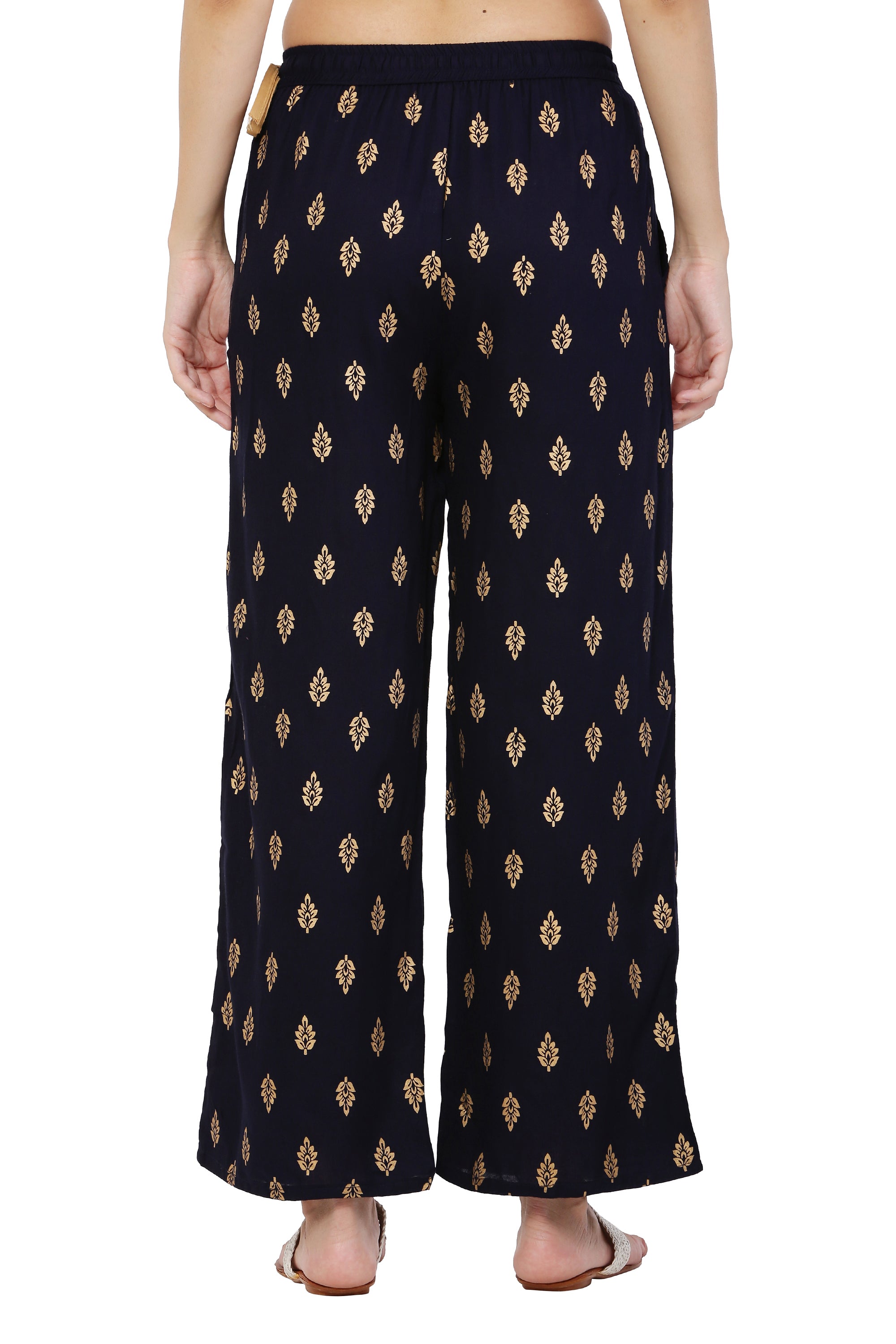 PAVONINE Black Color Full Golden Leaf Print Palazzo For Women Pant - Distacart