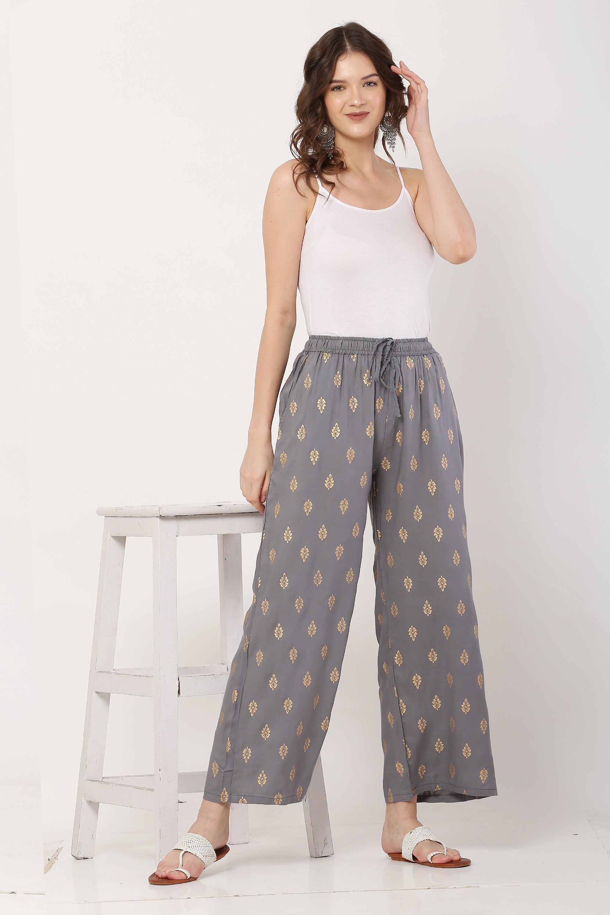 PAVONINE Grey Color Full Golden Leaf Print Palazzo For Women Pant - Distacart