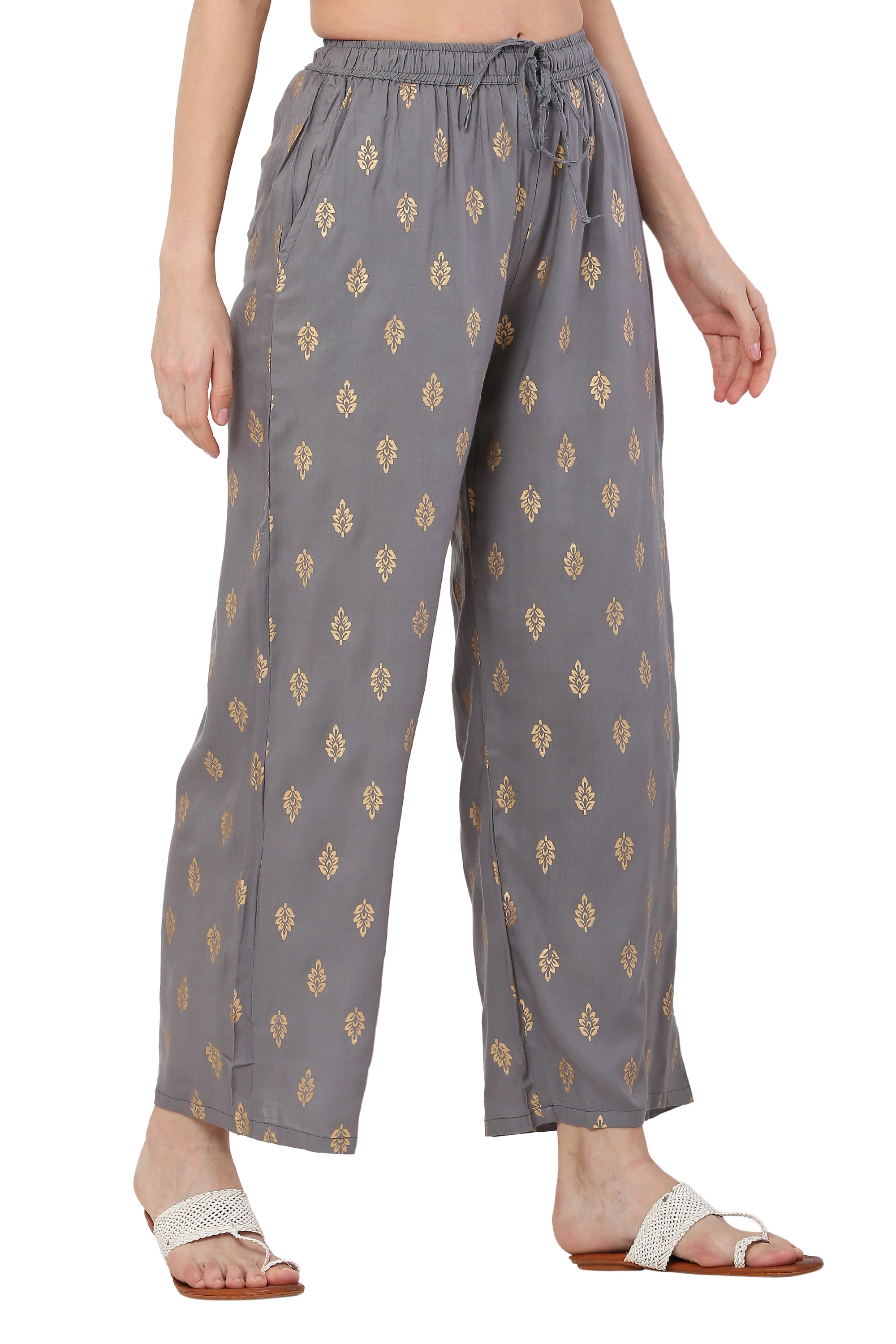PAVONINE Grey Color Full Golden Leaf Print Palazzo For Women Pant - Distacart