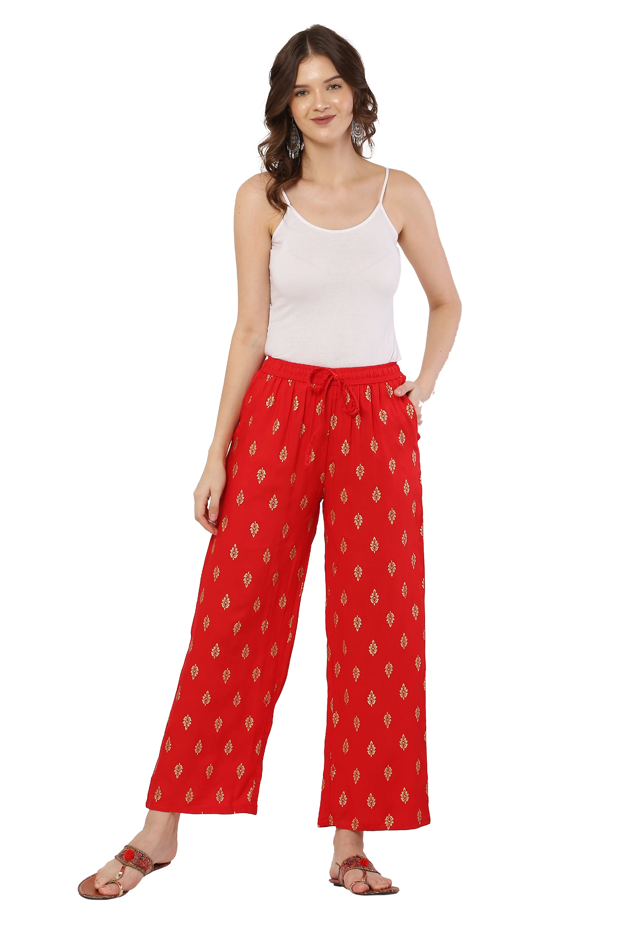 PAVONINE Red Color Full Golden Leaf Print Palazzo For Women Pant - Distacart