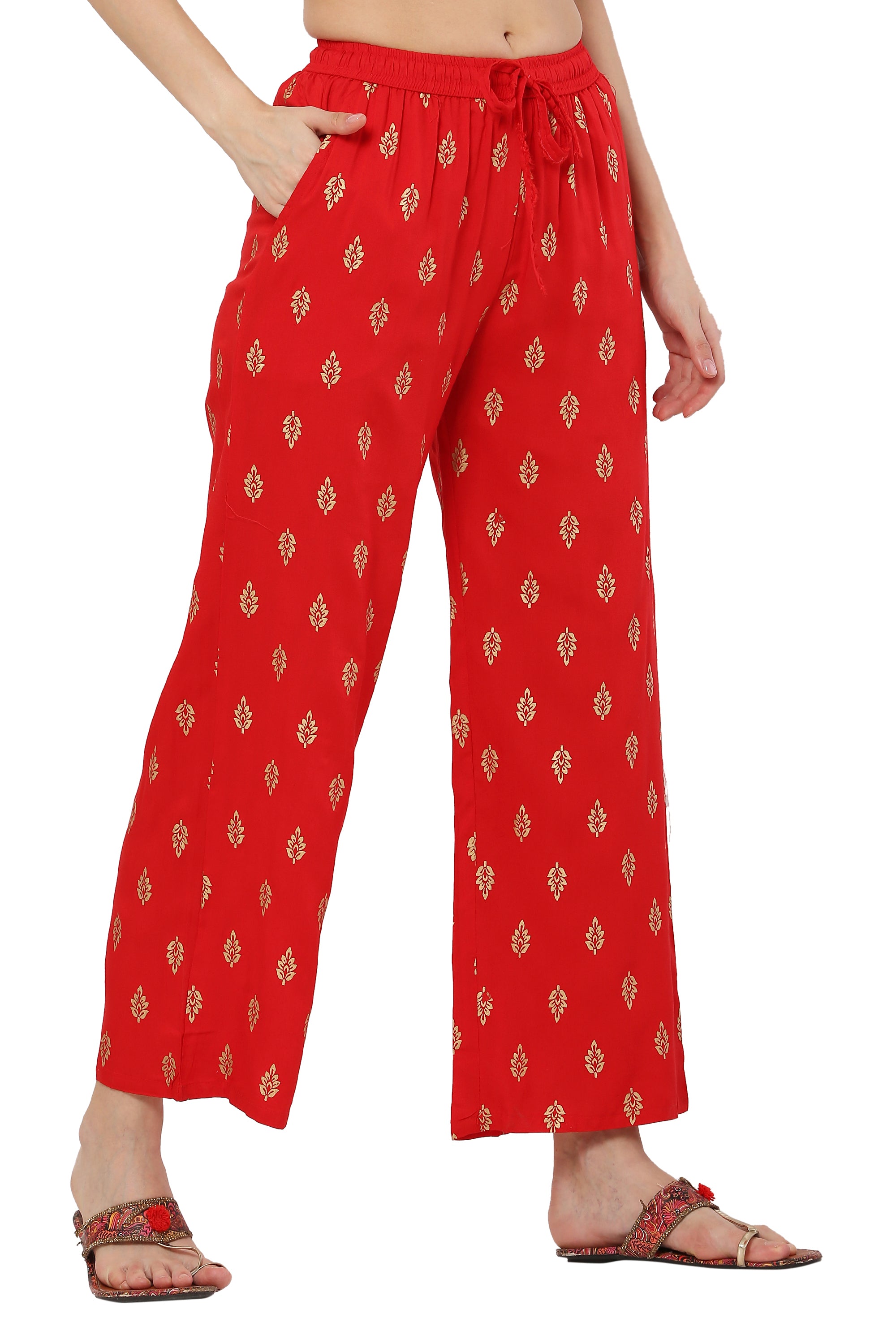 PAVONINE Red Color Full Golden Leaf Print Palazzo For Women Pant - Distacart