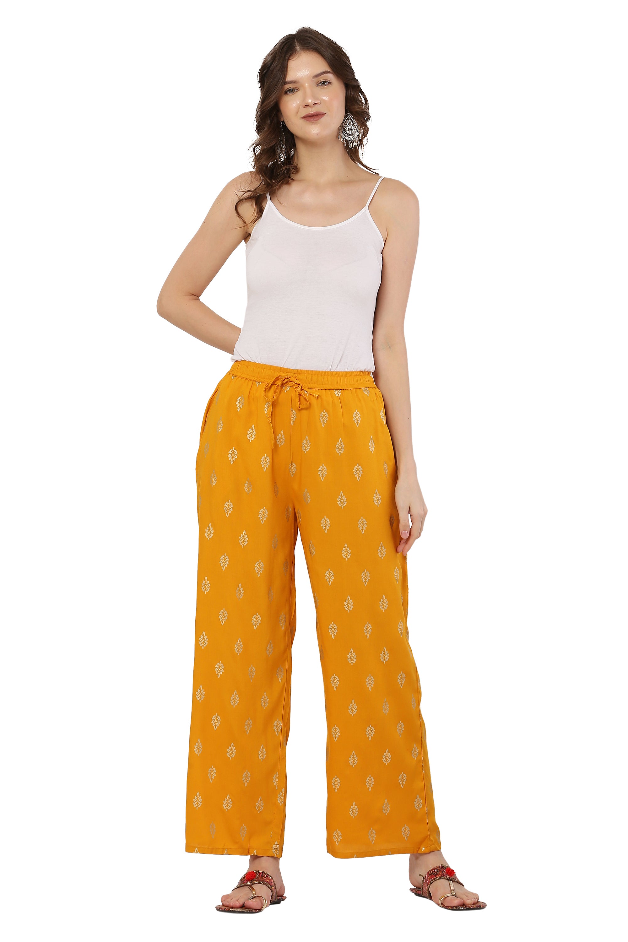 PAVONINE Mustard Color Full Golden Leaf Print Palazzo For Women Pant - Distacart