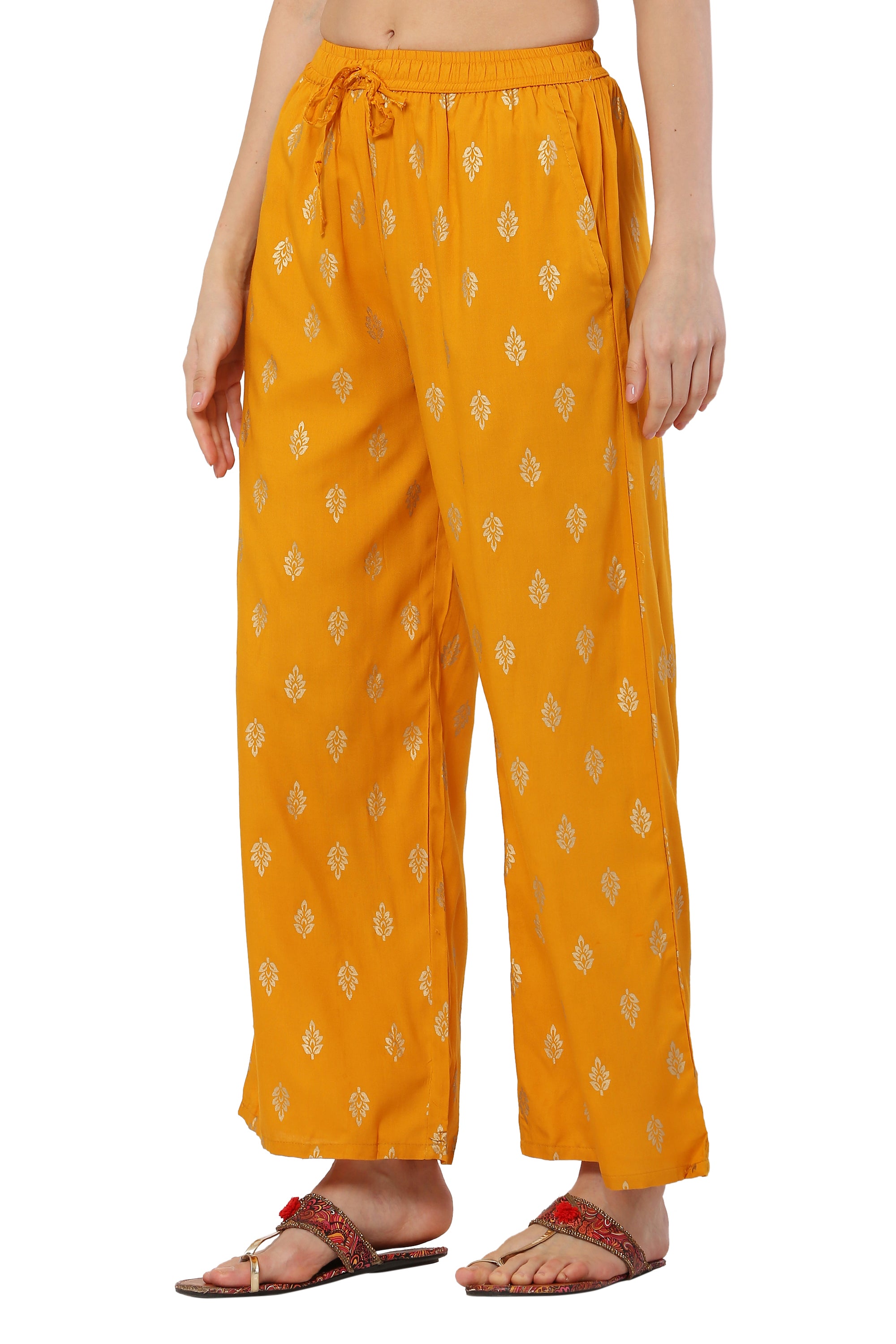 PAVONINE Mustard Color Full Golden Leaf Print Palazzo For Women Pant - Distacart