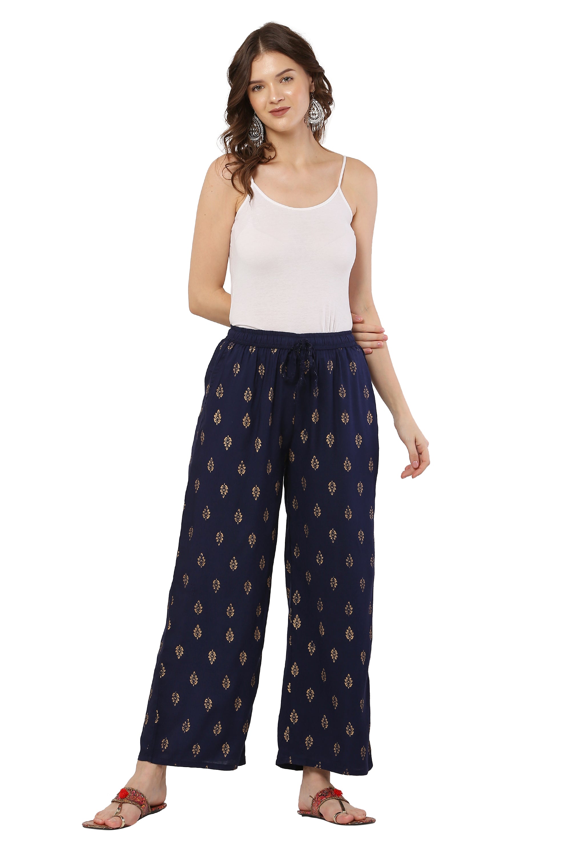 PAVONINE Navy Blue Color Full Golden Leaf Print Palazzo For Women Pant - Distacart