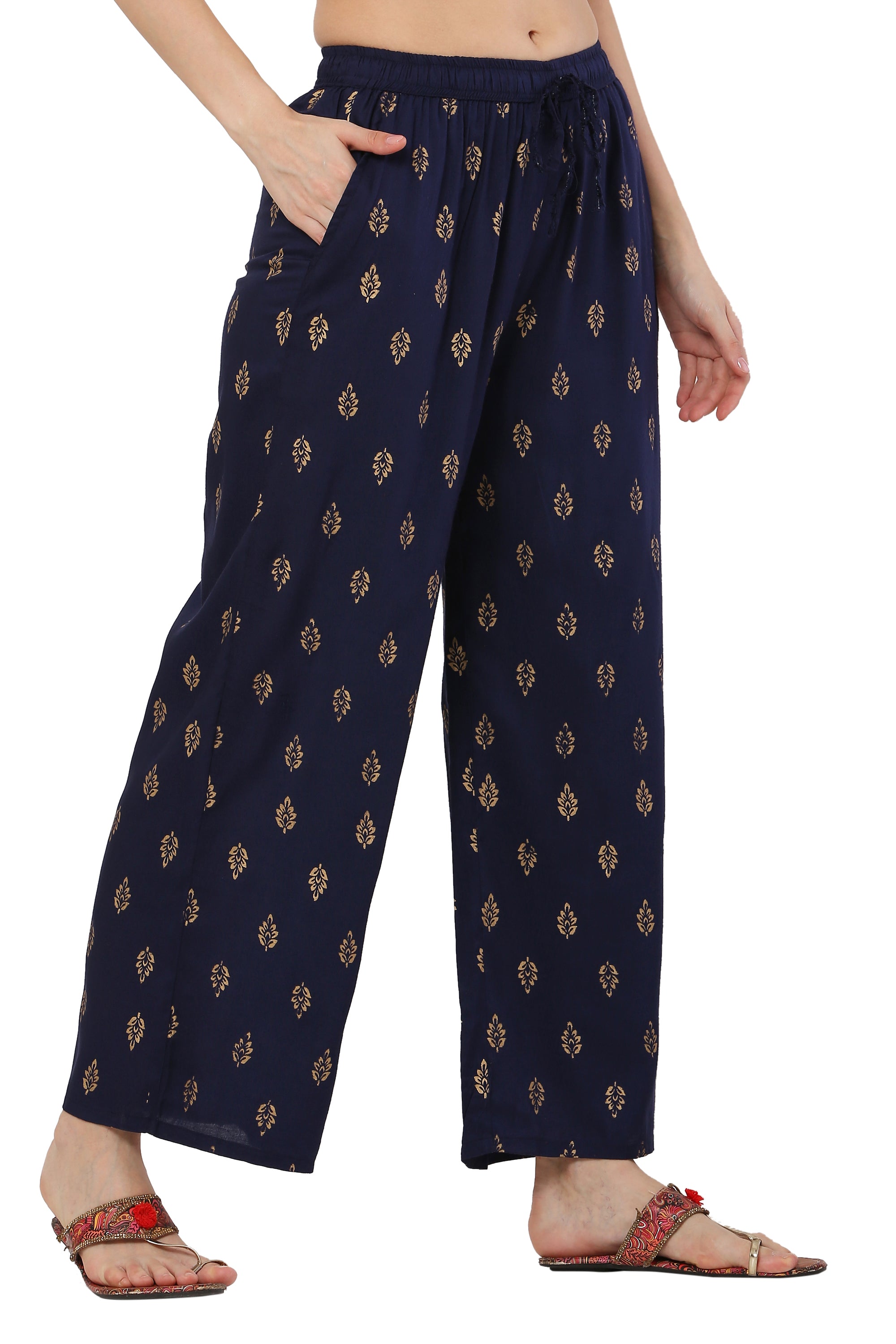 PAVONINE Navy Blue Color Full Golden Leaf Print Palazzo For Women Pant - Distacart