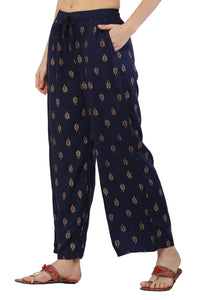 Thumbnail for PAVONINE Navy Blue Color Full Golden Leaf Print Palazzo For Women Pant - Distacart