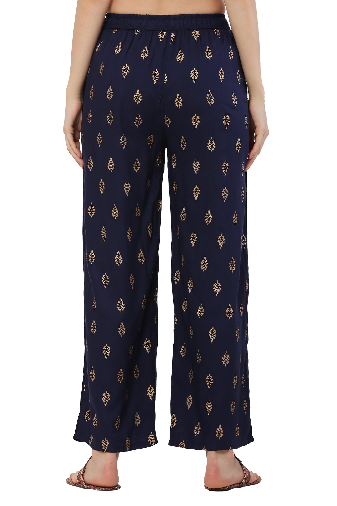 PAVONINE Navy Blue Color Full Golden Leaf Print Palazzo For Women Pant - Distacart