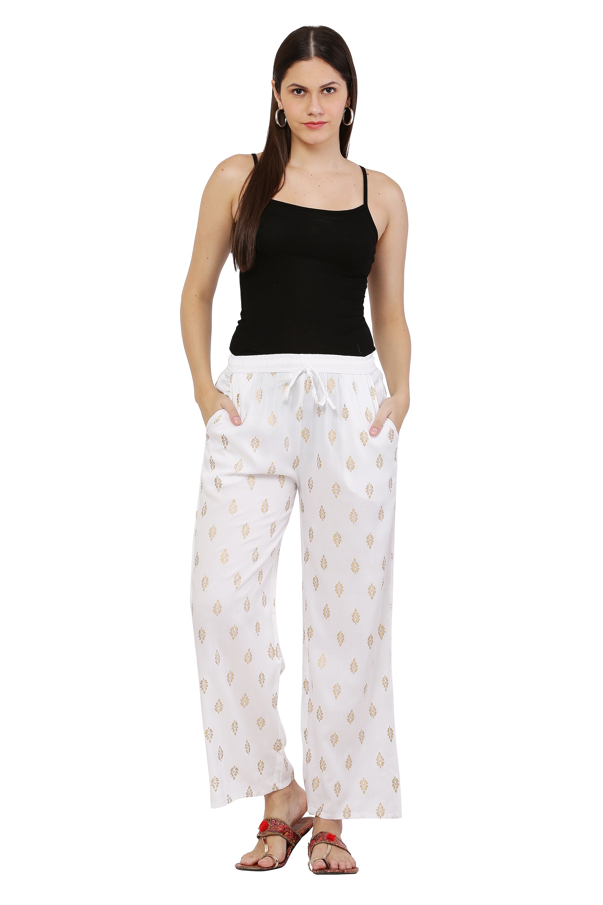 PAVONINE White Color Full Golden Leaf Print Palazzo For Women Pant - Distacart