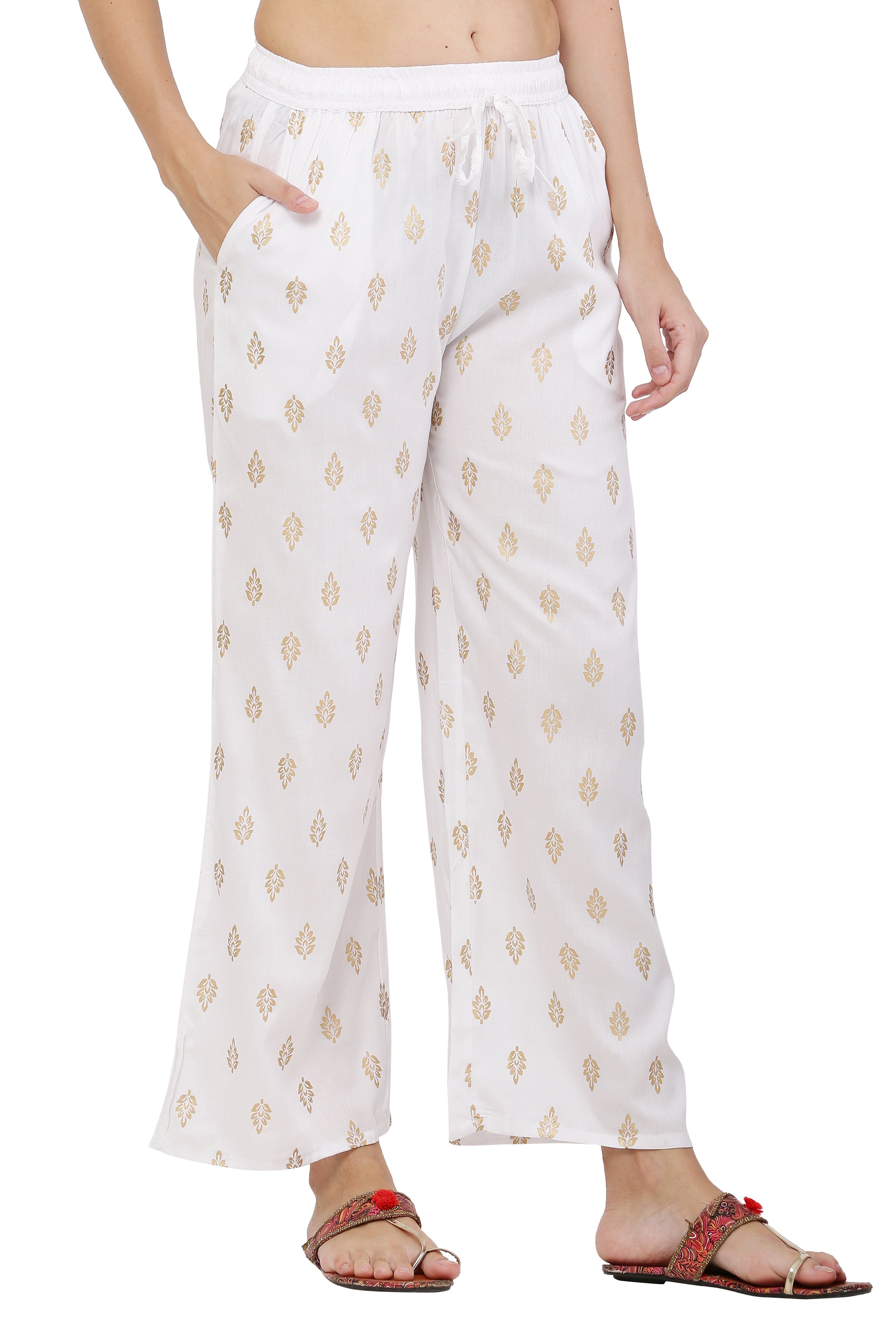 PAVONINE White Color Full Golden Leaf Print Palazzo For Women Pant - Distacart