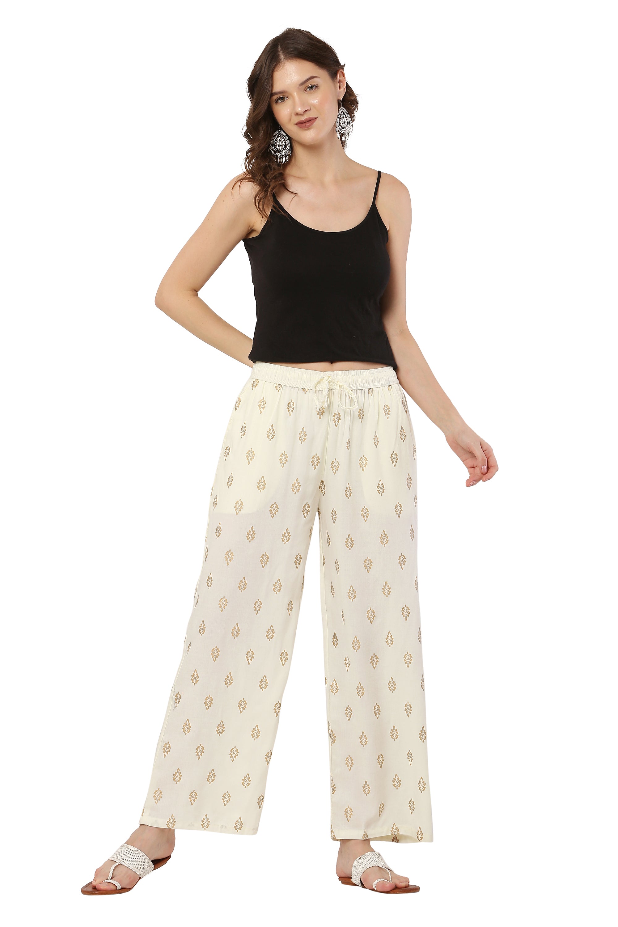 PAVONINE Off White Color Full Golden Leaf Print Palazzo For Women Pant - Distacart
