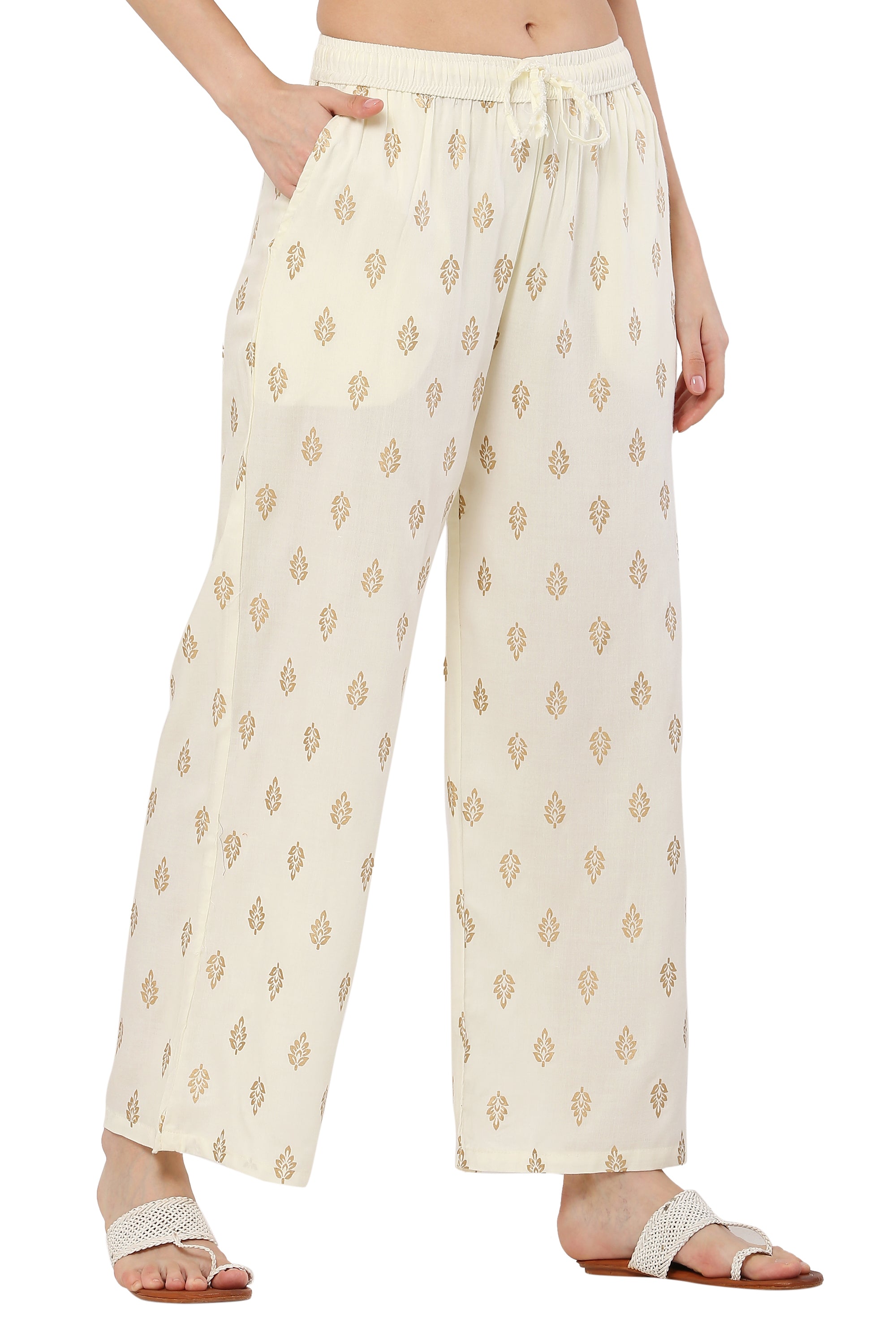 PAVONINE Off White Color Full Golden Leaf Print Palazzo For Women Pant - Distacart