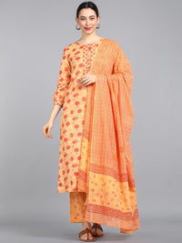 Thumbnail for Ahika Women Orange Printed Panelled Pure Cotton Kurti with Palazzos & With Dupatta - Distacart