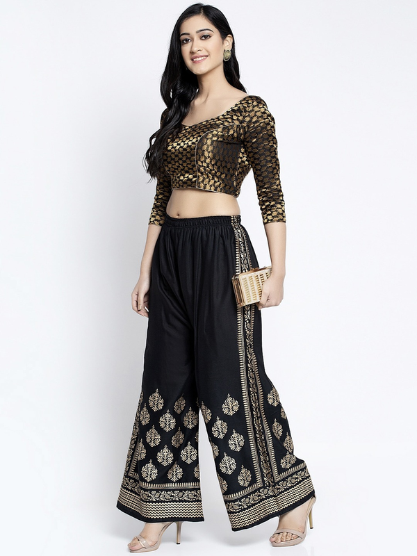 PAVONINE Black Color Block Side Printed Rayon Fabric Sharara For Women - Distacart