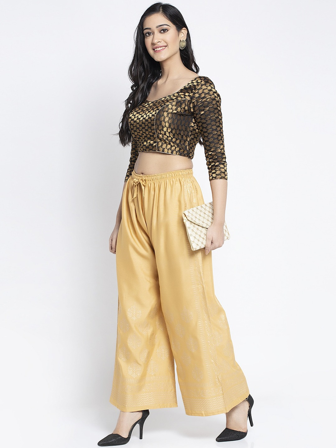 PAVONINE Beige Color Block Side Printed Rayon Fabric Sharara For Women - Distacart