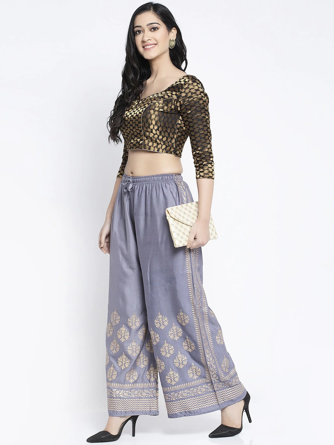 PAVONINE Grey Color Block Side Printed Rayon Fabric Sharara For Women - Distacart