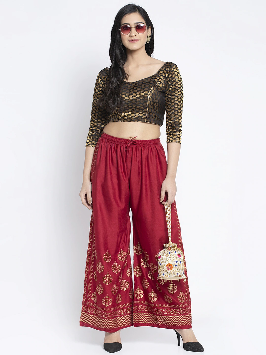 PAVONINE Maroon Color Block Side Printed Rayon Fabric Sharara For Women - Distacart