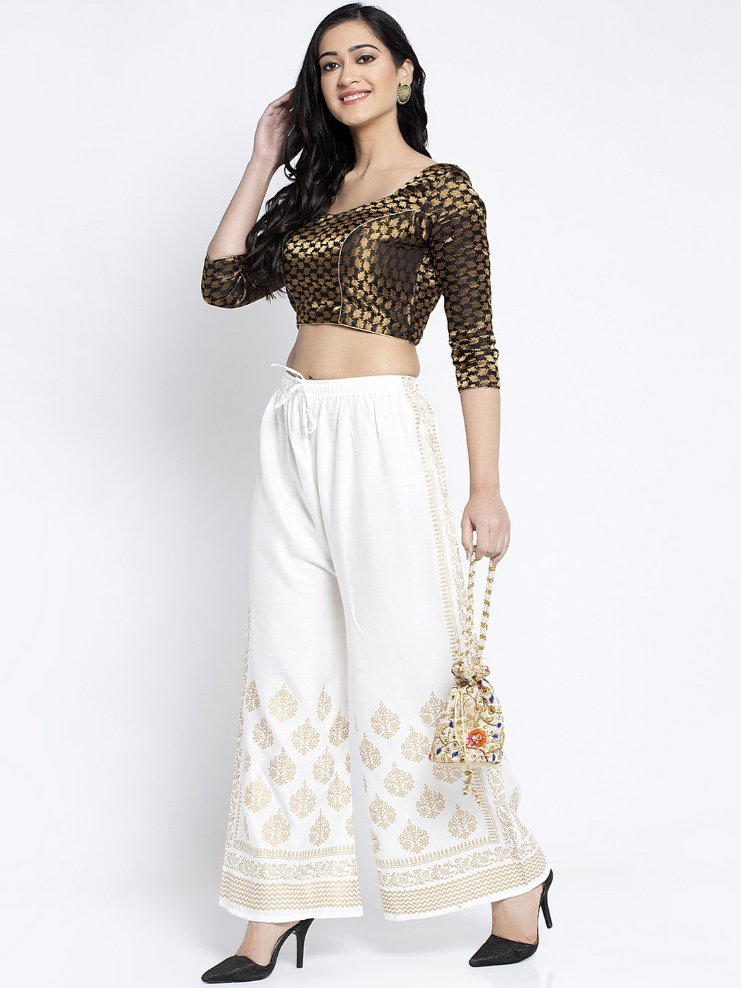 PAVONINE Off-White Color Block Side Printed Rayon Fabric Sharara For Women - Distacart