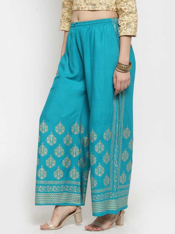 PAVONINE Rama Green Color Block Side Printed Rayon Fabric Sharara For Women - Distacart