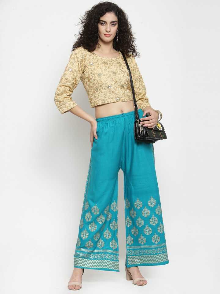 PAVONINE Rama Green Color Block Side Printed Rayon Fabric Sharara For Women - Distacart