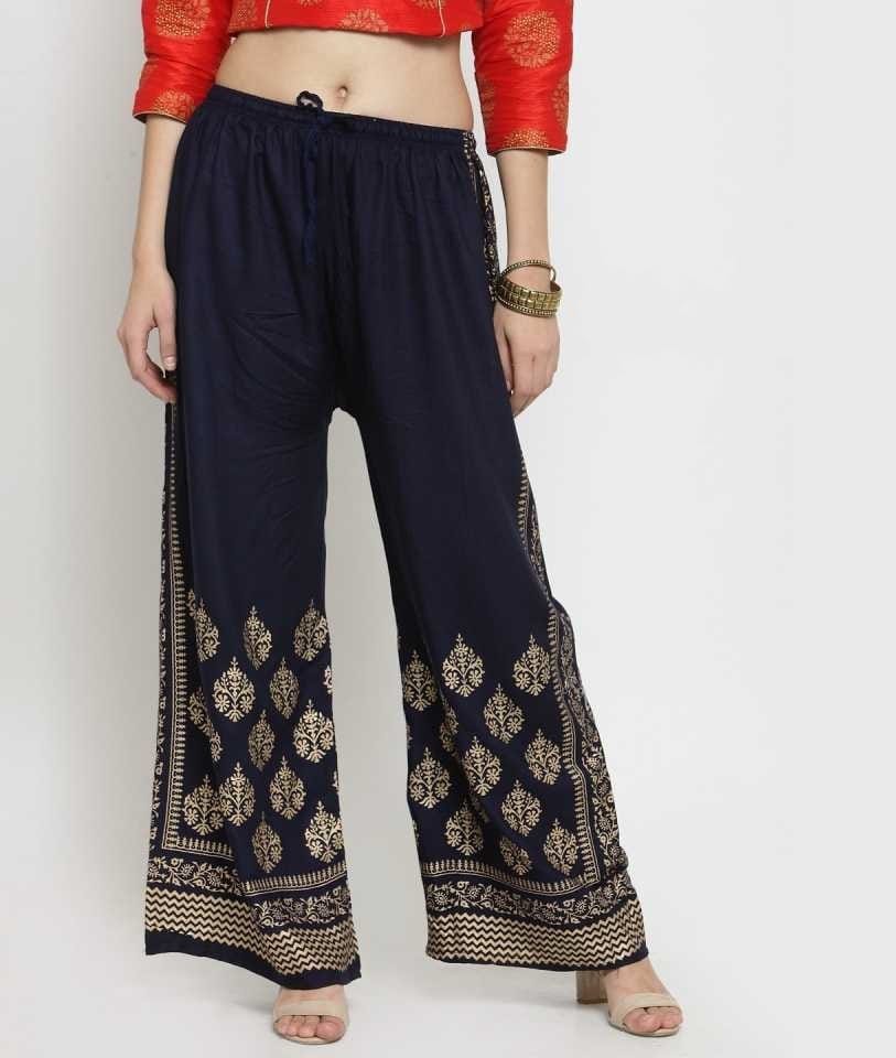 PAVONINE Navy Blue Color Block Side Printed Rayon Fabric Sharara For Women - Distacart