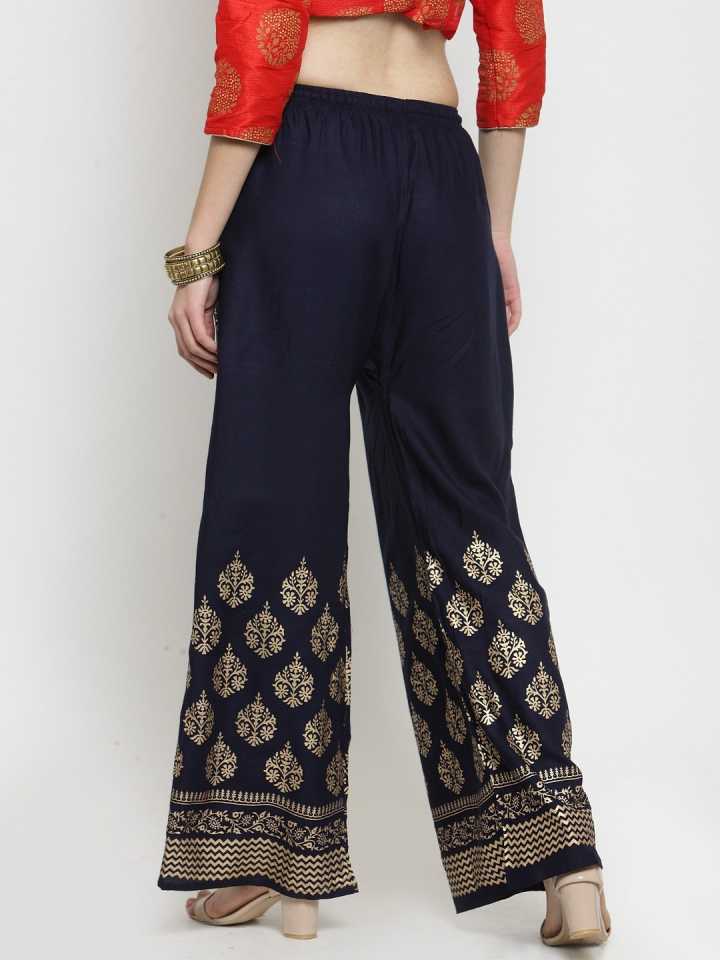 PAVONINE Navy Blue Color Block Side Printed Rayon Fabric Sharara For Women - Distacart