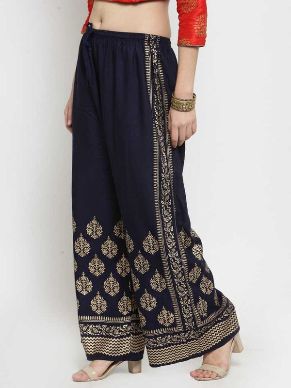 PAVONINE Navy Blue Color Block Side Printed Rayon Fabric Sharara For Women - Distacart
