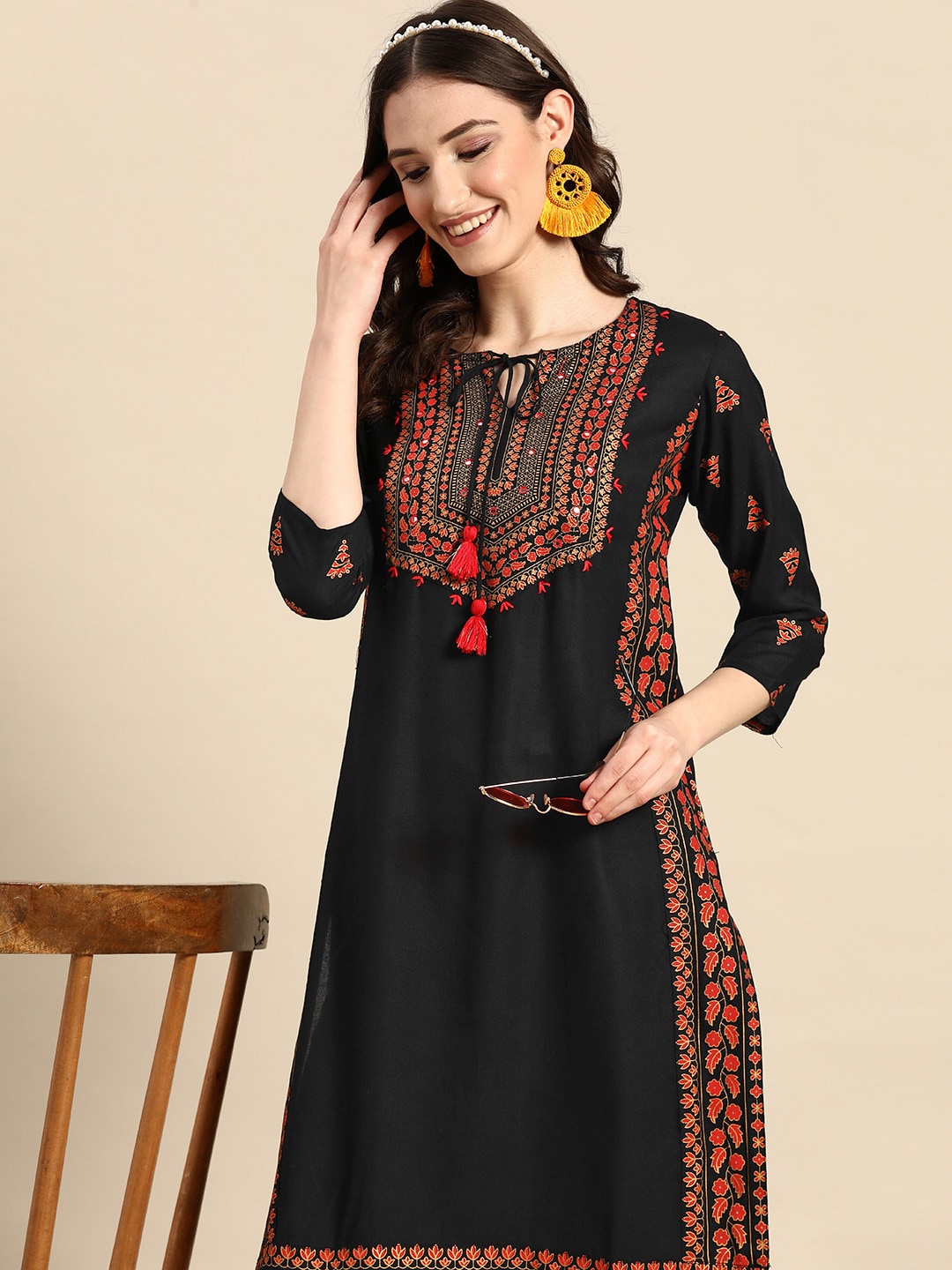 Sangria Floral Yoke Printed Mirror Work Kurta - Distacart