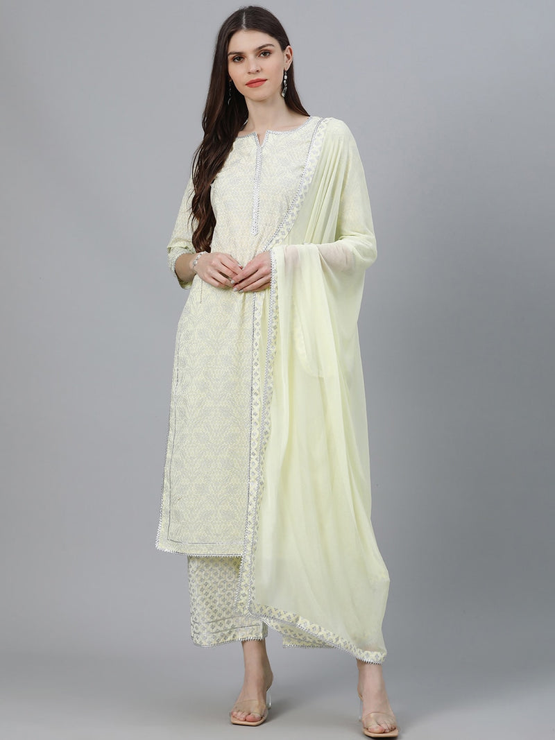 Libas Yellow &amp; Silver-Coloured Cotton Printed Kurta with Palazzos &amp; Dupatta - Distacart