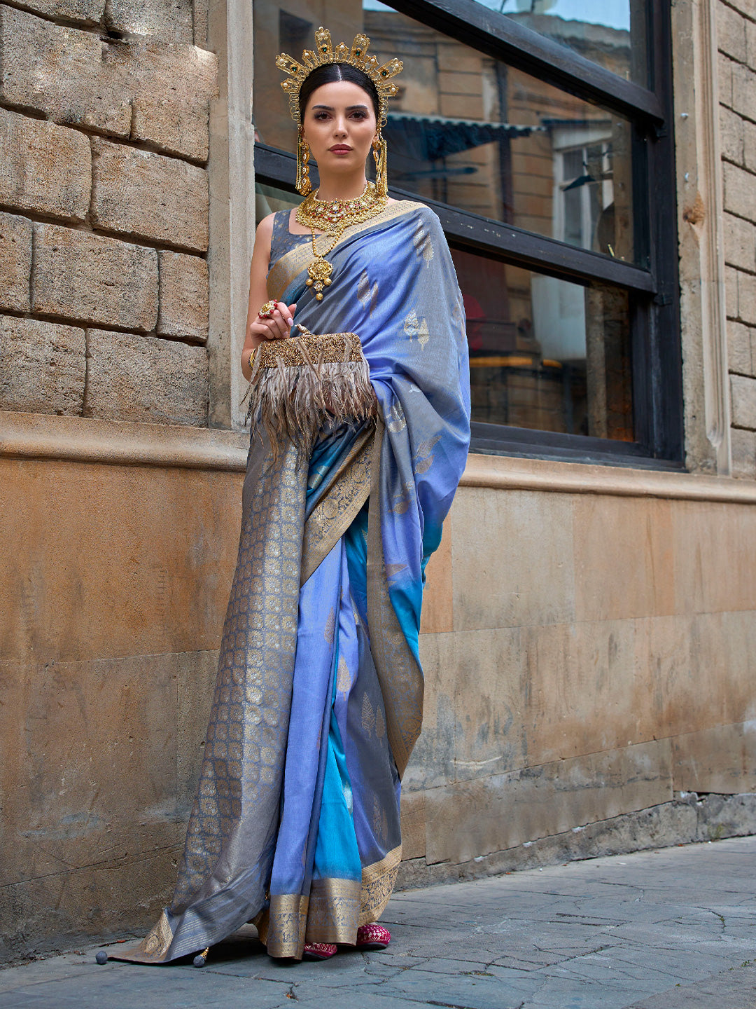 Mitera Blue Floral Woven Designed Zari Saree - Distacart