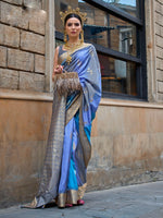 Thumbnail for Mitera Blue Floral Woven Designed Zari Saree - Distacart