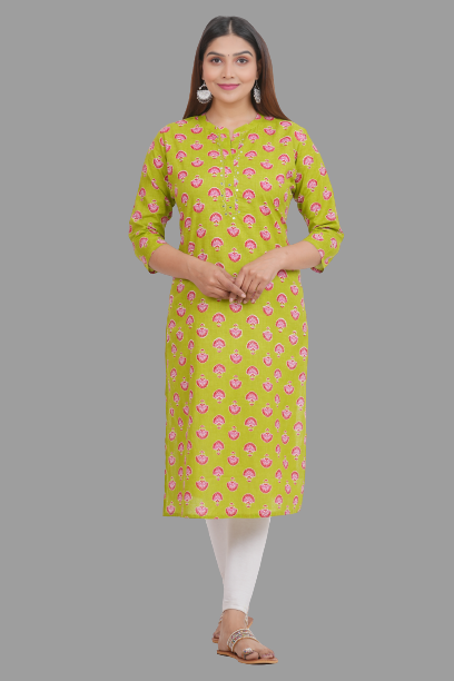 House of RP Women's Green Cotton Floral Print Straight Kurta - Distacart