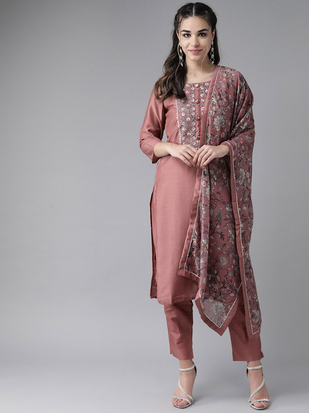 Ishin Women Mauve Yoke Design Kurta with Trousers & Dupatta - Distacart