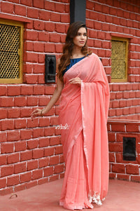 Thumbnail for Very Much Indian Pure Cotton Handloom Sarees - Peach Shade - Distacart