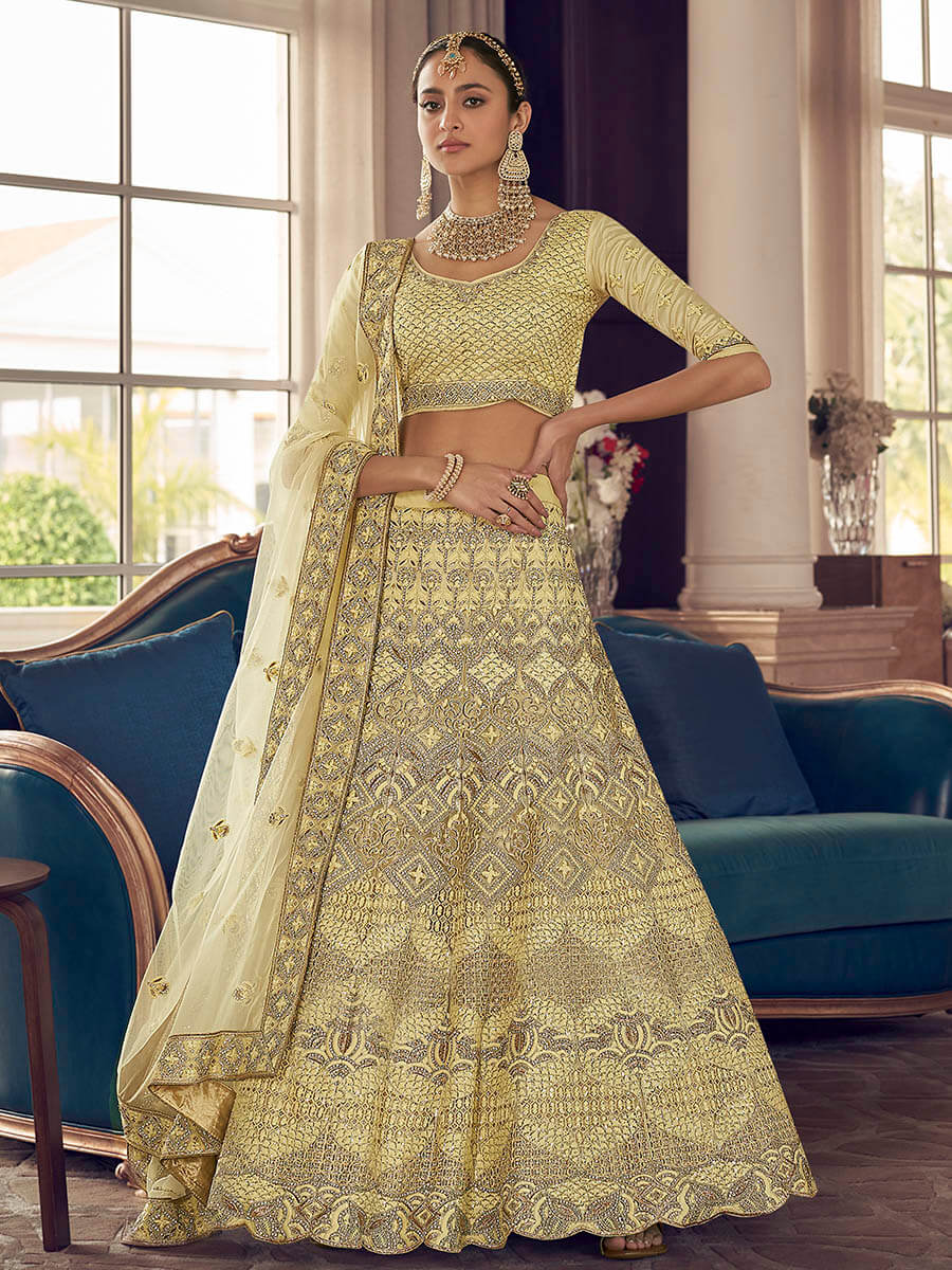 Myra Lime Yellow Crepe Embroidered Lehenga - Distacart