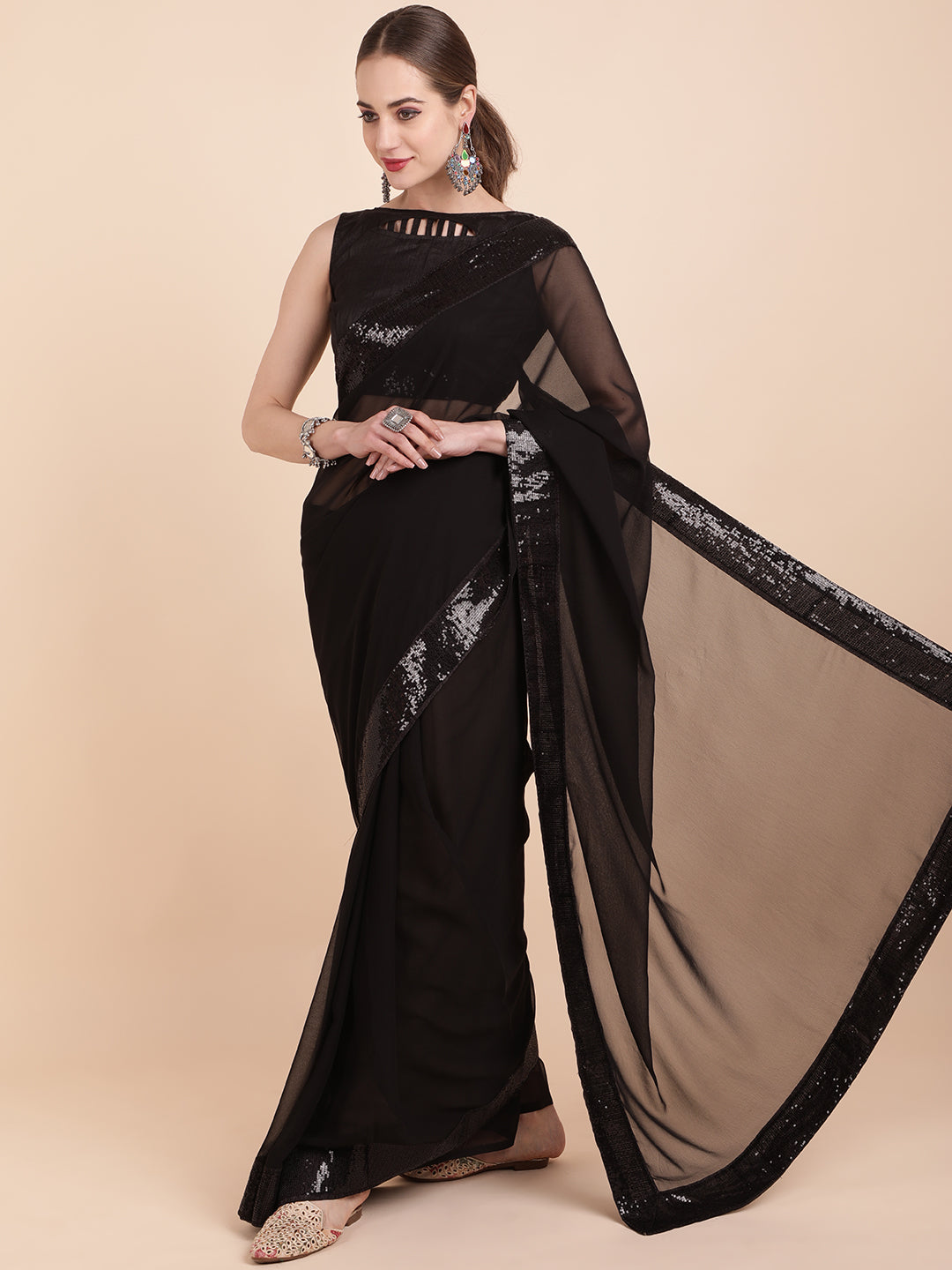 Sangria Black Sequinned Pure Georgette Saree - Distacart