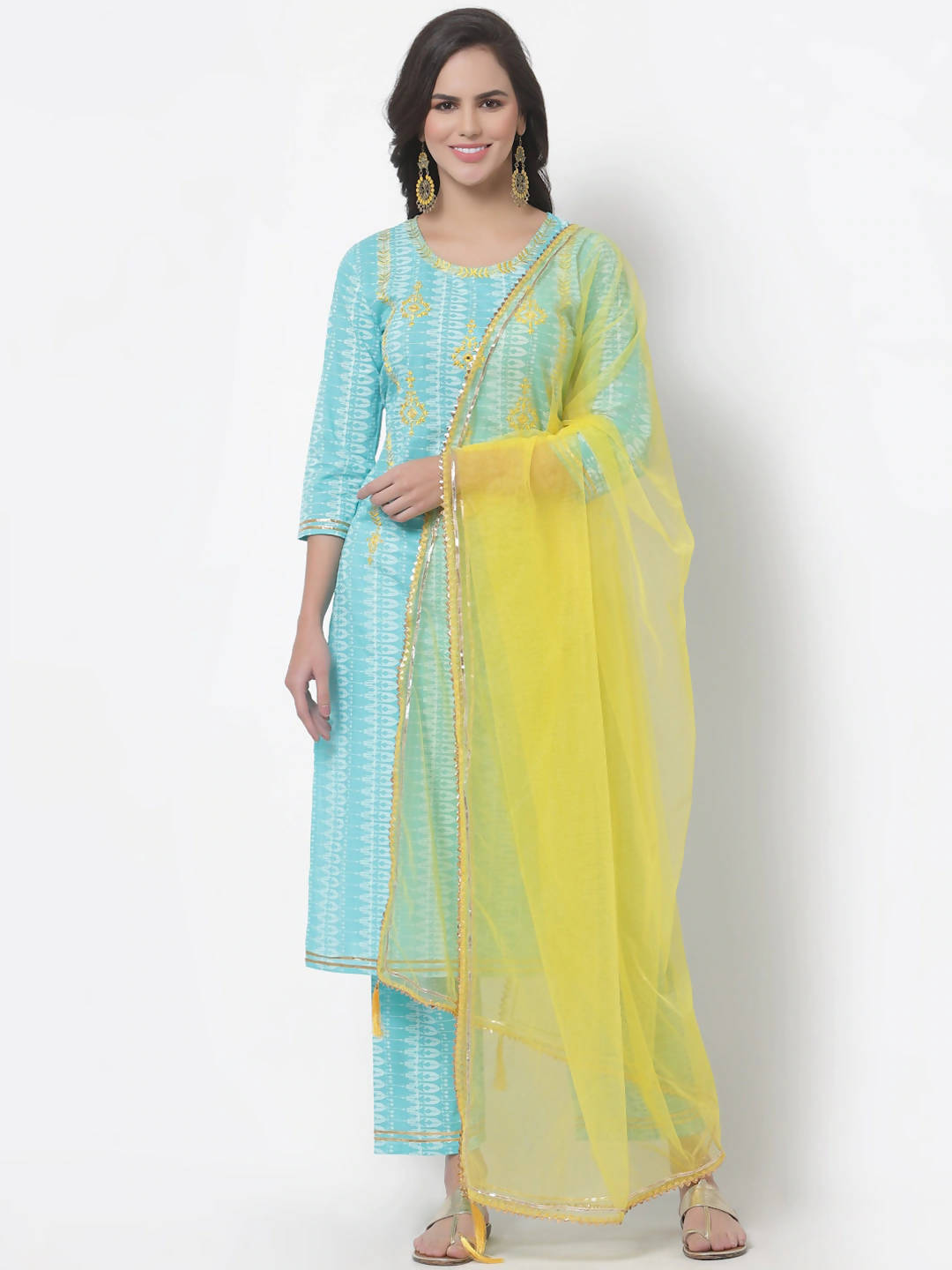 Myshka Women Turquoise Blue Layered Pure Cotton Kurti With Trousers & Dupatta - Distacart