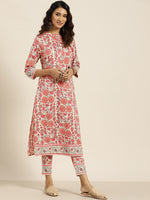 Thumbnail for Sangria Women Off White & Peach-Coloured Floral Print Straight Cotton Kurta with Trousers - Distacart