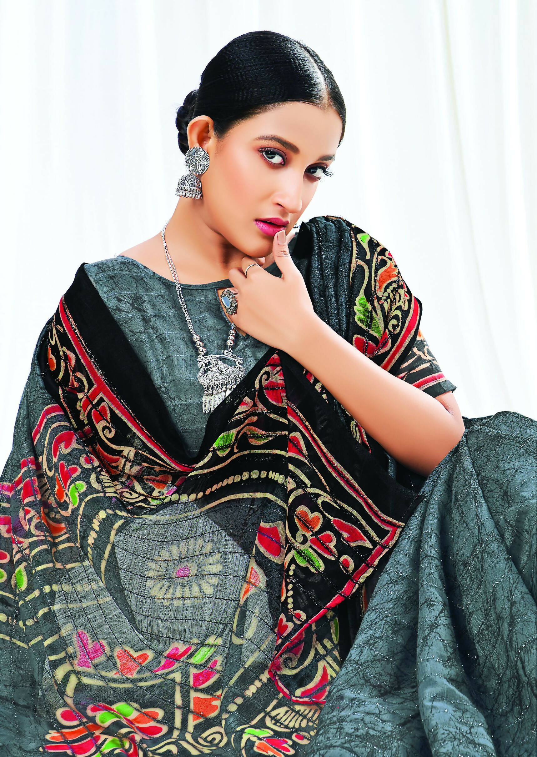 Grey Chanderi Cotton Floral Printed Saree With Unstitched Blouse Piece - Kathika - Distacart