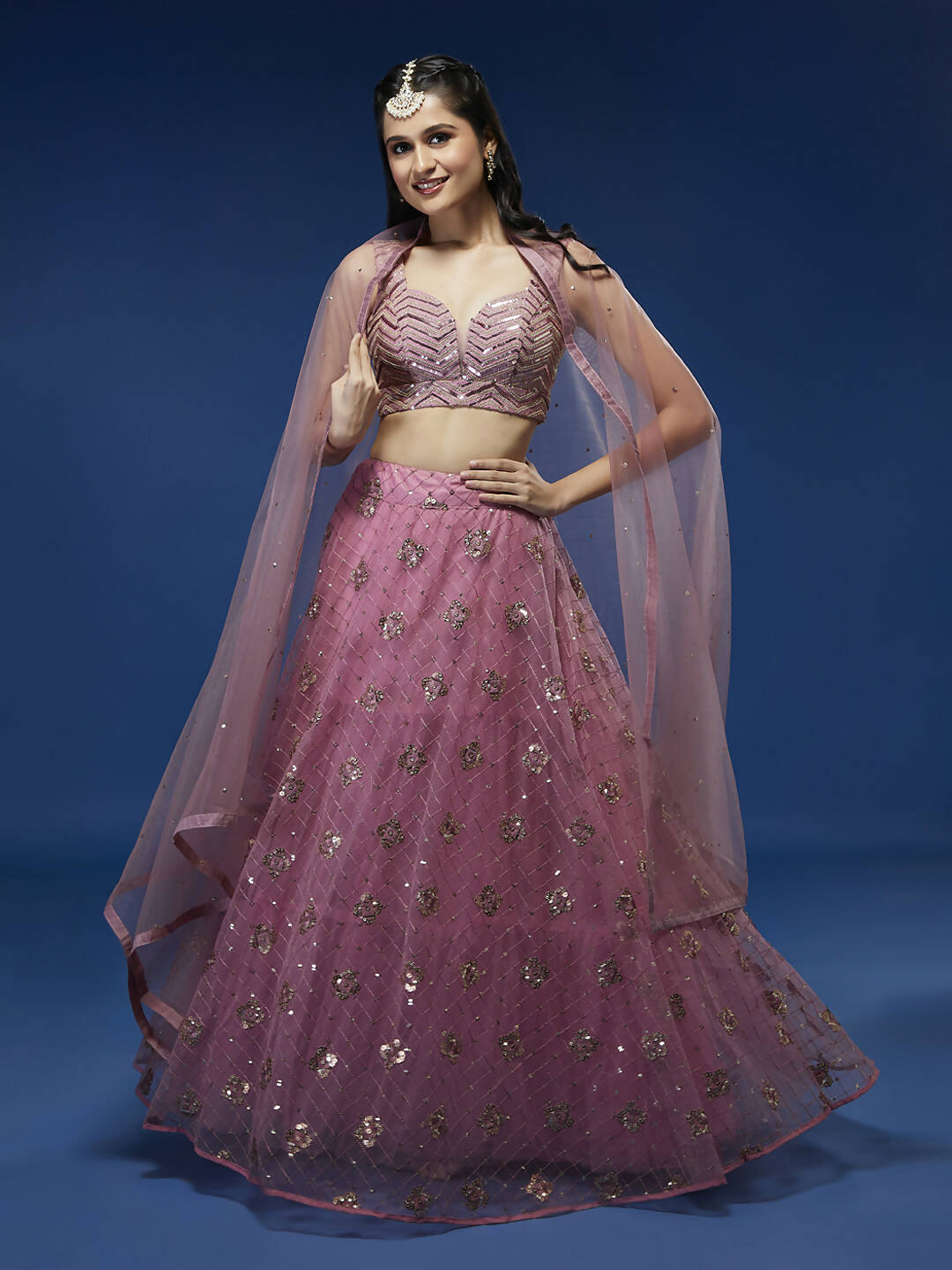 House of Panchhi Pink Net Sequinse Embroidered Lehenga & Blouse with Dupatta - Distacart