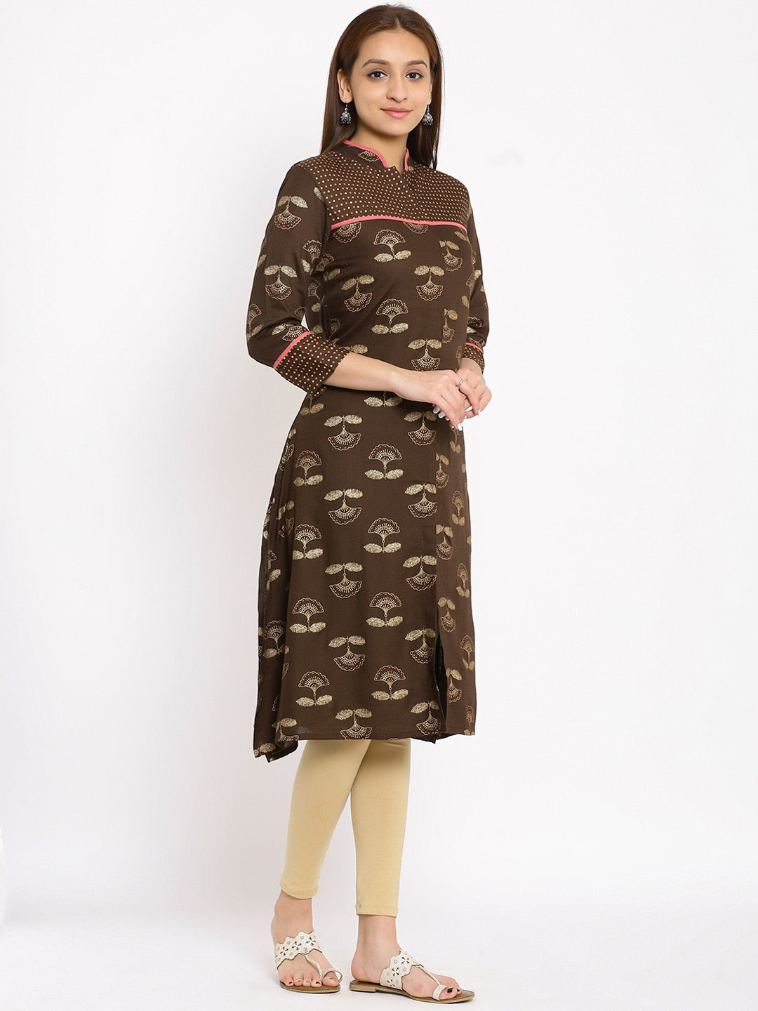HERE&NOW Brown & Beige Mandarin Collar Floral Printed Straight Kurta - Distacart