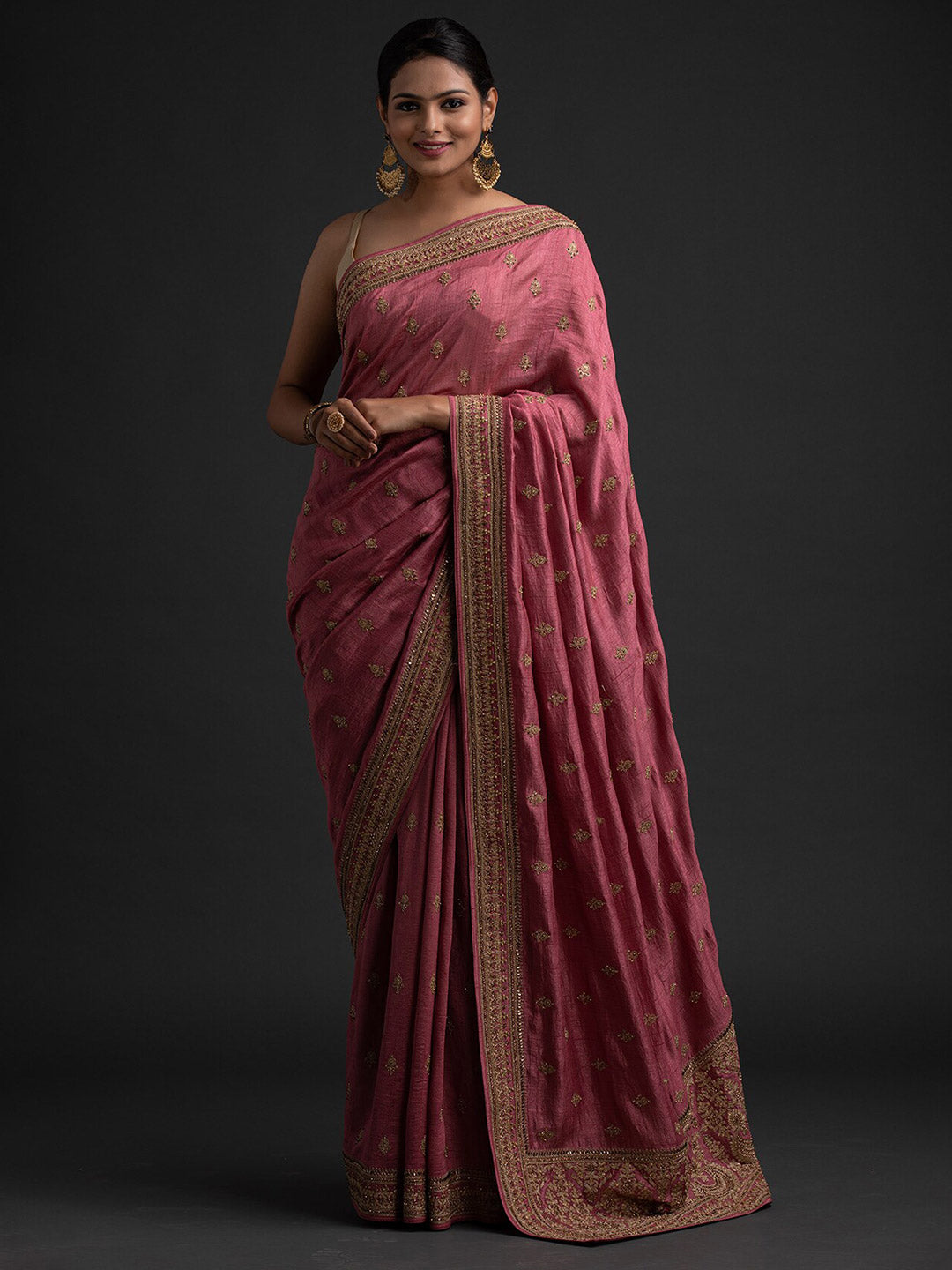 Koskii Pink & Gold-Toned Floral Embroidered Art Silk Saree - Distacart