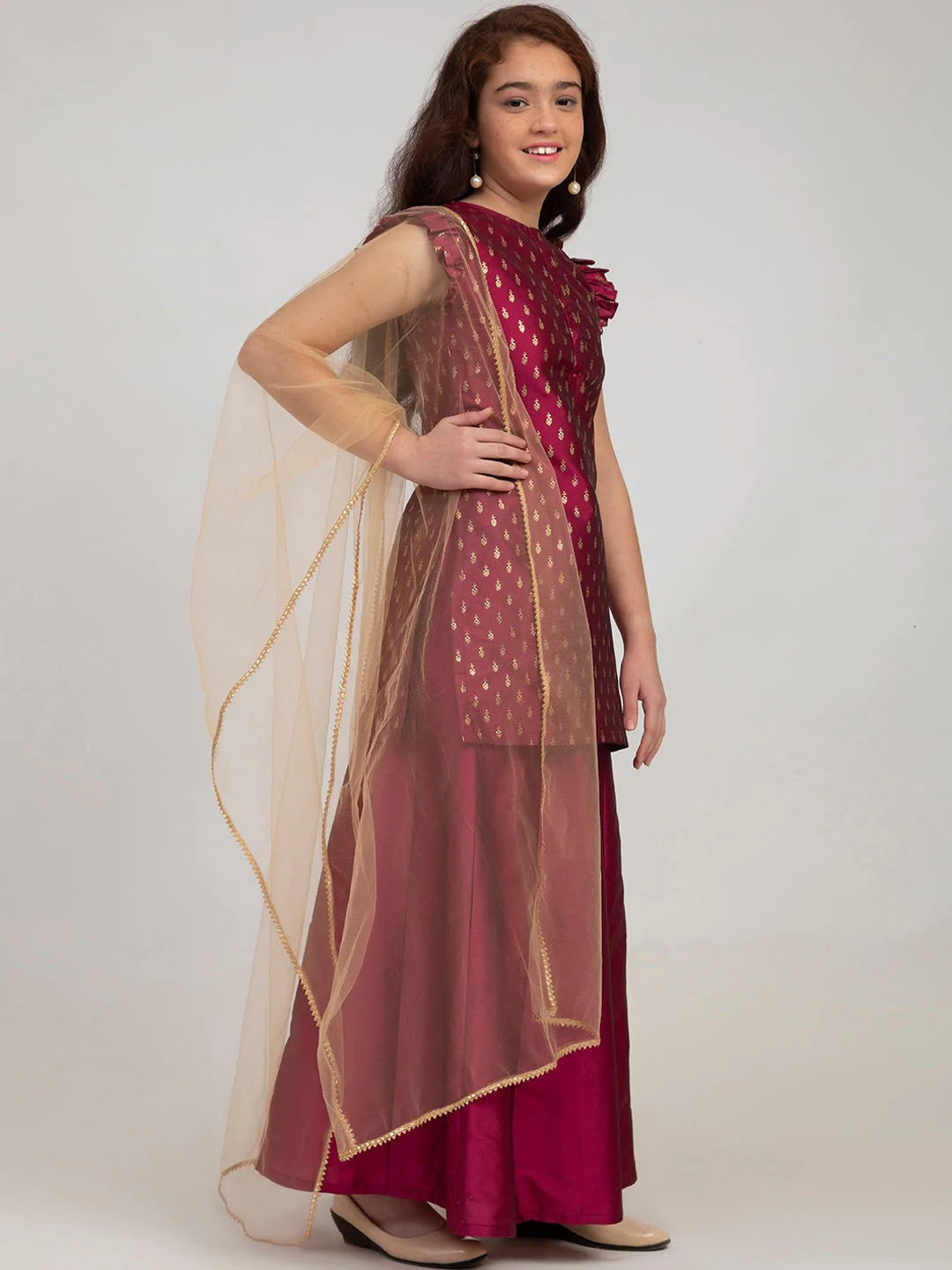 NOZ2TOZ Burgundy Embroidered Kurta with Sharara & With Dupatta For Girls - Distacart
