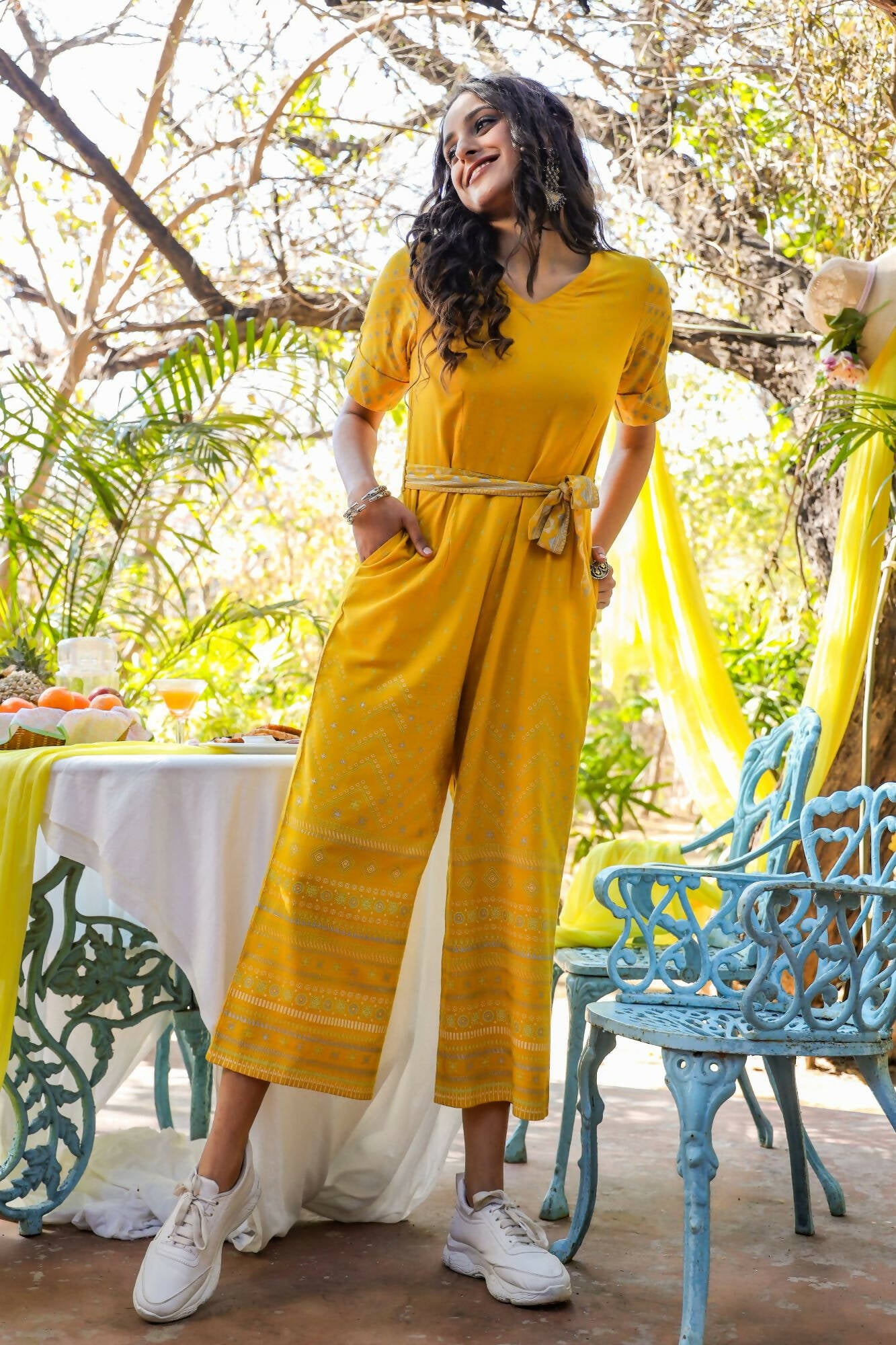 Juniper Women Mustard Rayon Flex Printed Straight Jumpsuit - Distacart