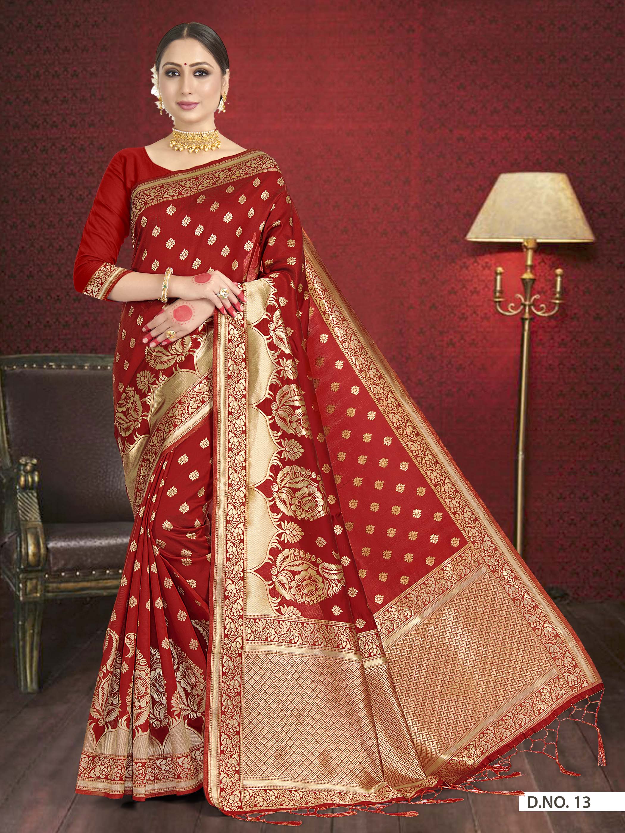 Vardha Crimson Red Woven Zari Floral Banarasi Saree